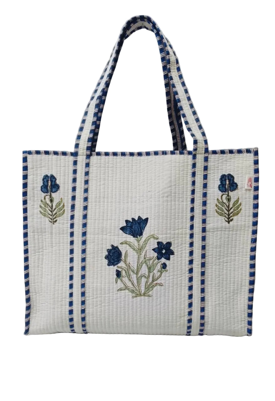 Classic White Block Printed Quilted Tote Bag without zip/button 17x18x 6 inches