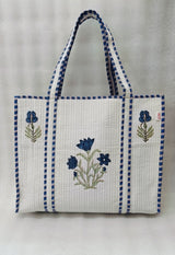 Classic White Block Printed Quilted Tote Bag without zip/button 17x18x 6 inches