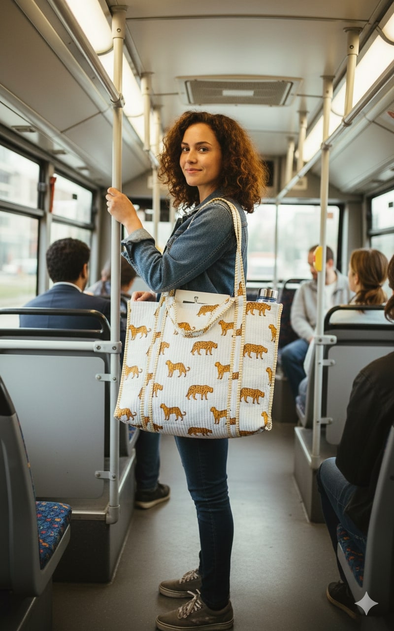 Handblock Printed Quilted Tote Bag without zip/button 17x18x 6 inches