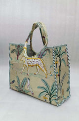 Handblock Printed Cotton Tote Bag with Unique Moon-Shaped Handle- 14x14x6 inches