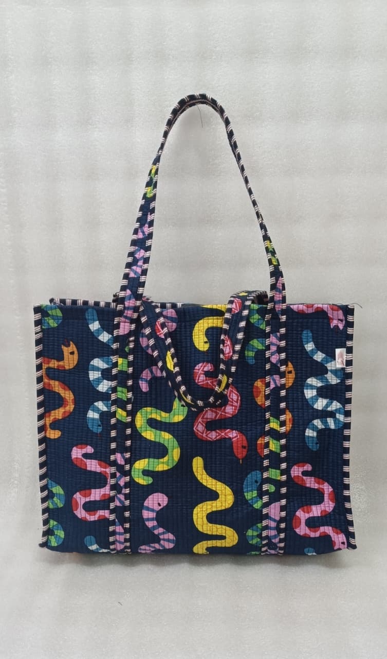 Handblock Printed Quilted Tote Bag without zip/button 17x18x 6 inches