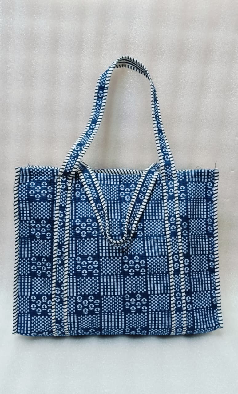 Handblock Printed Quilted Tote Bag without zip/button 17x18x 6 inches