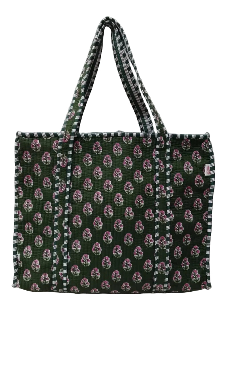 Handblock Printed Quilted Tote Bag with concealed zip ( 17x18x 6 inches)