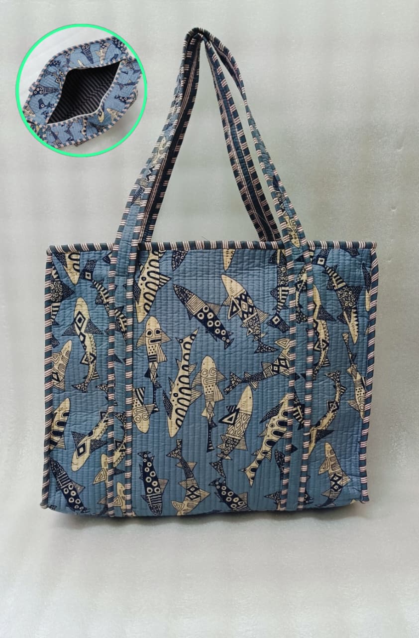 Handblock Printed Quilted Tote Bag with concealed zip ( 17x18x 6 inches)