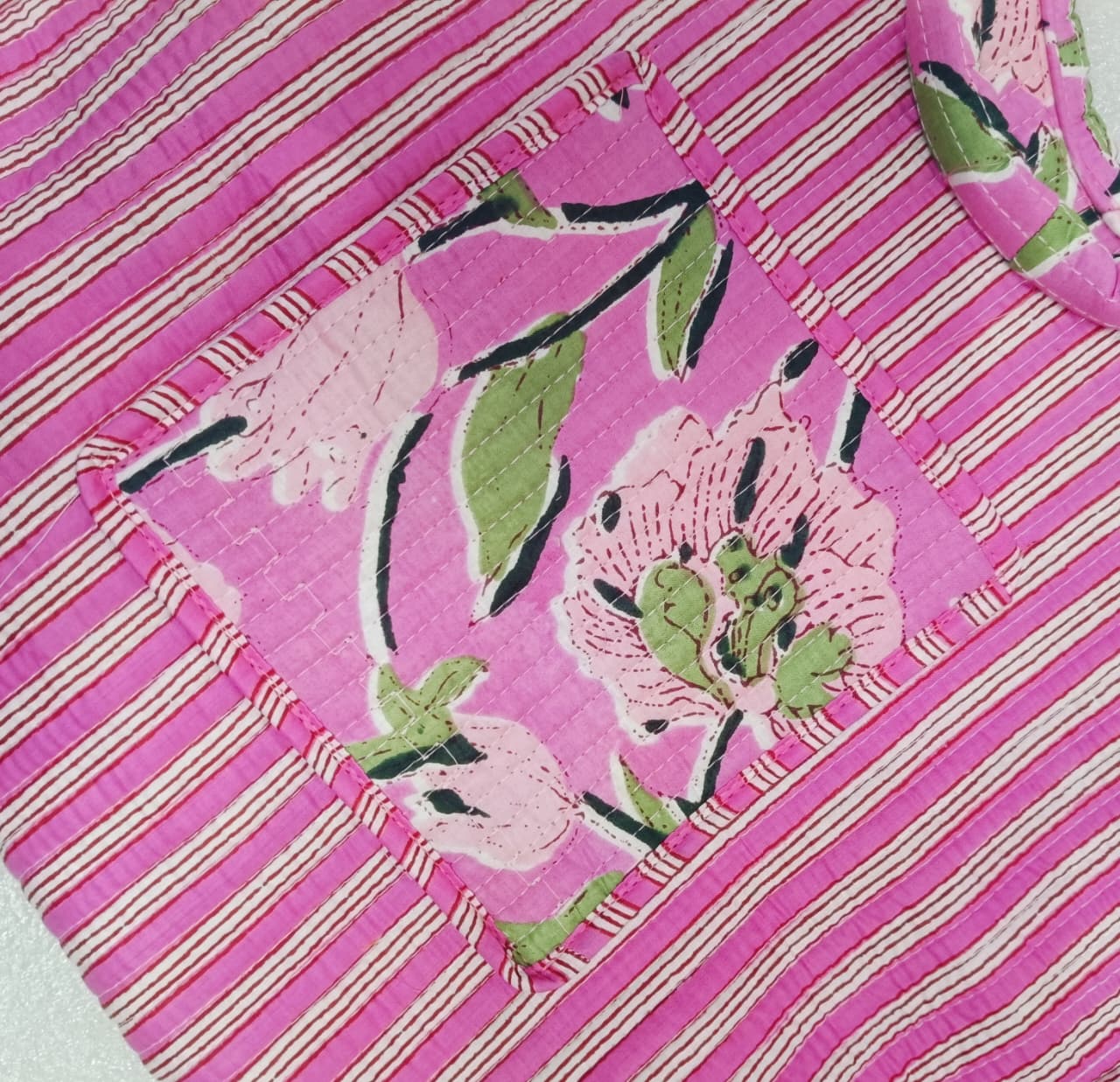 Handblock Printed Cotton Tote Bag with Unique Moon-Shaped Handle- 14x14x6 inches