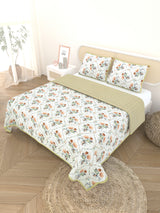 Quilted Floral Printed Reversible Bedcover with 2 Pillow Covers