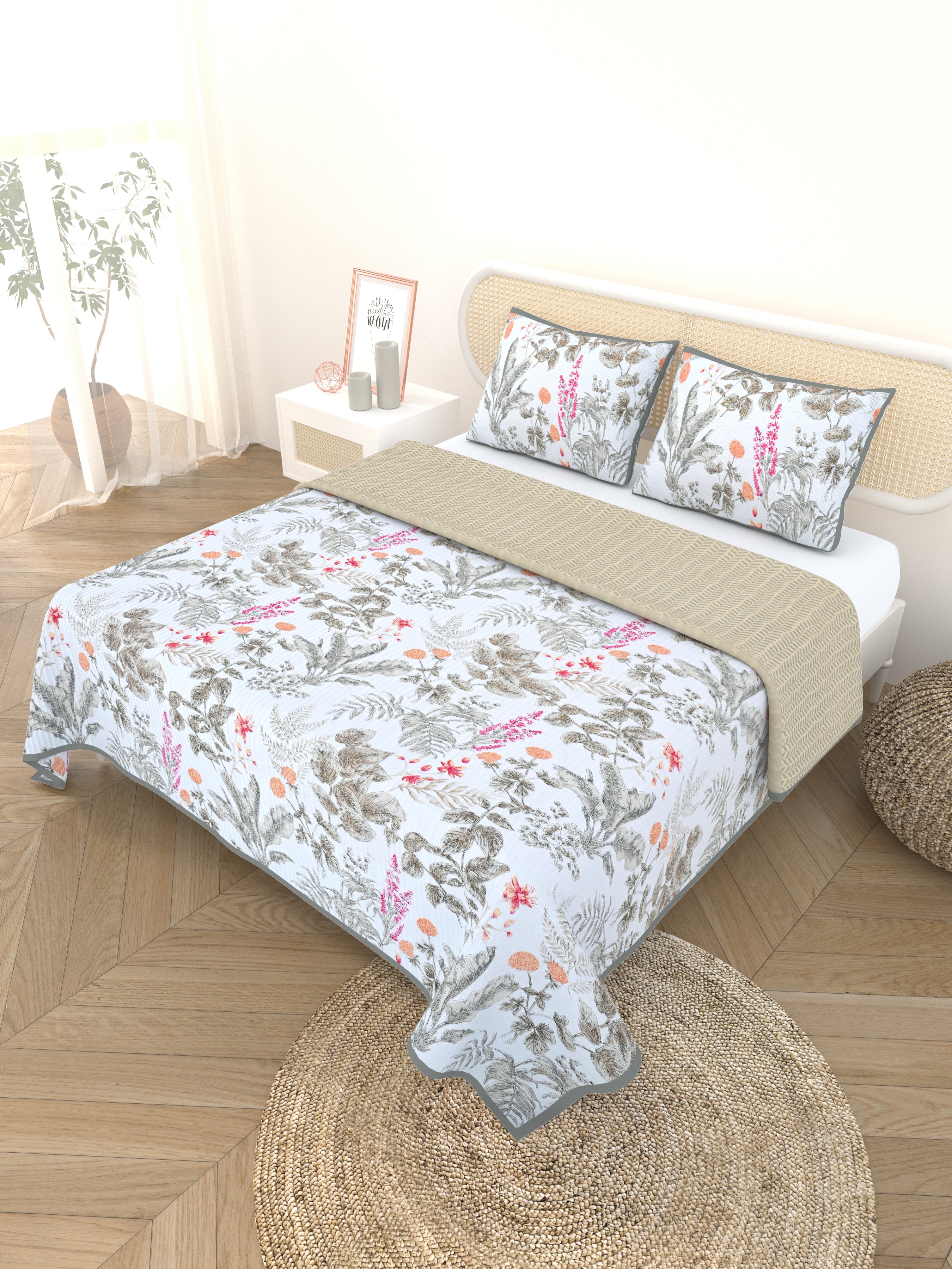 Quilted Floral Printed Reversible Bedcover with 2 Pillow Covers