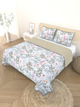 Quilted Floral Printed Reversible Bedcover with 2 Pillow Covers