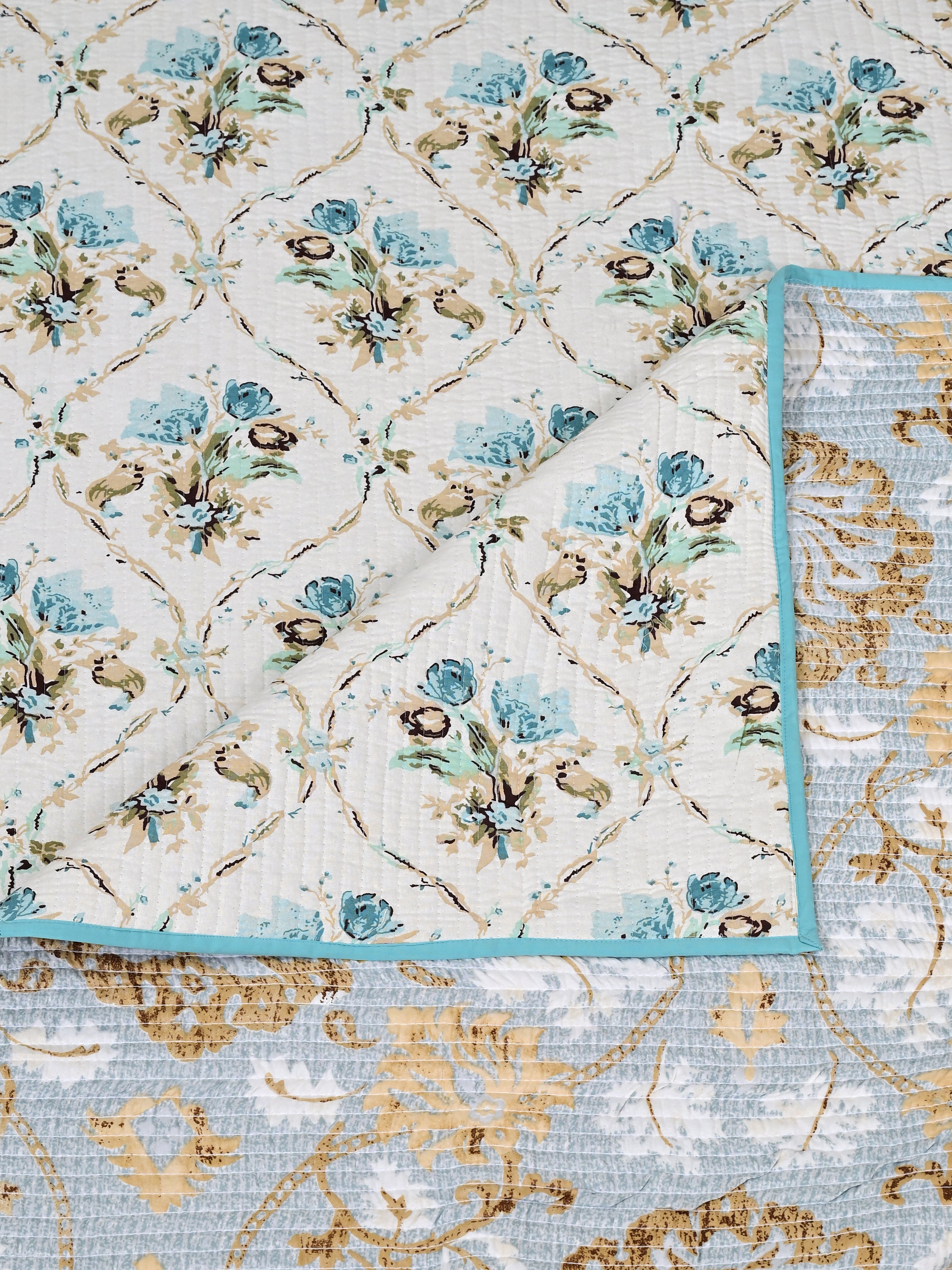 Quilted Floral Printed Reversible Bedcover with 2 Pillow Covers