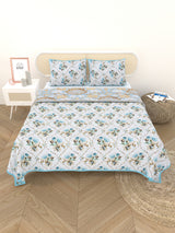 Quilted Floral Printed Reversible Bedcover with 2 Pillow Covers