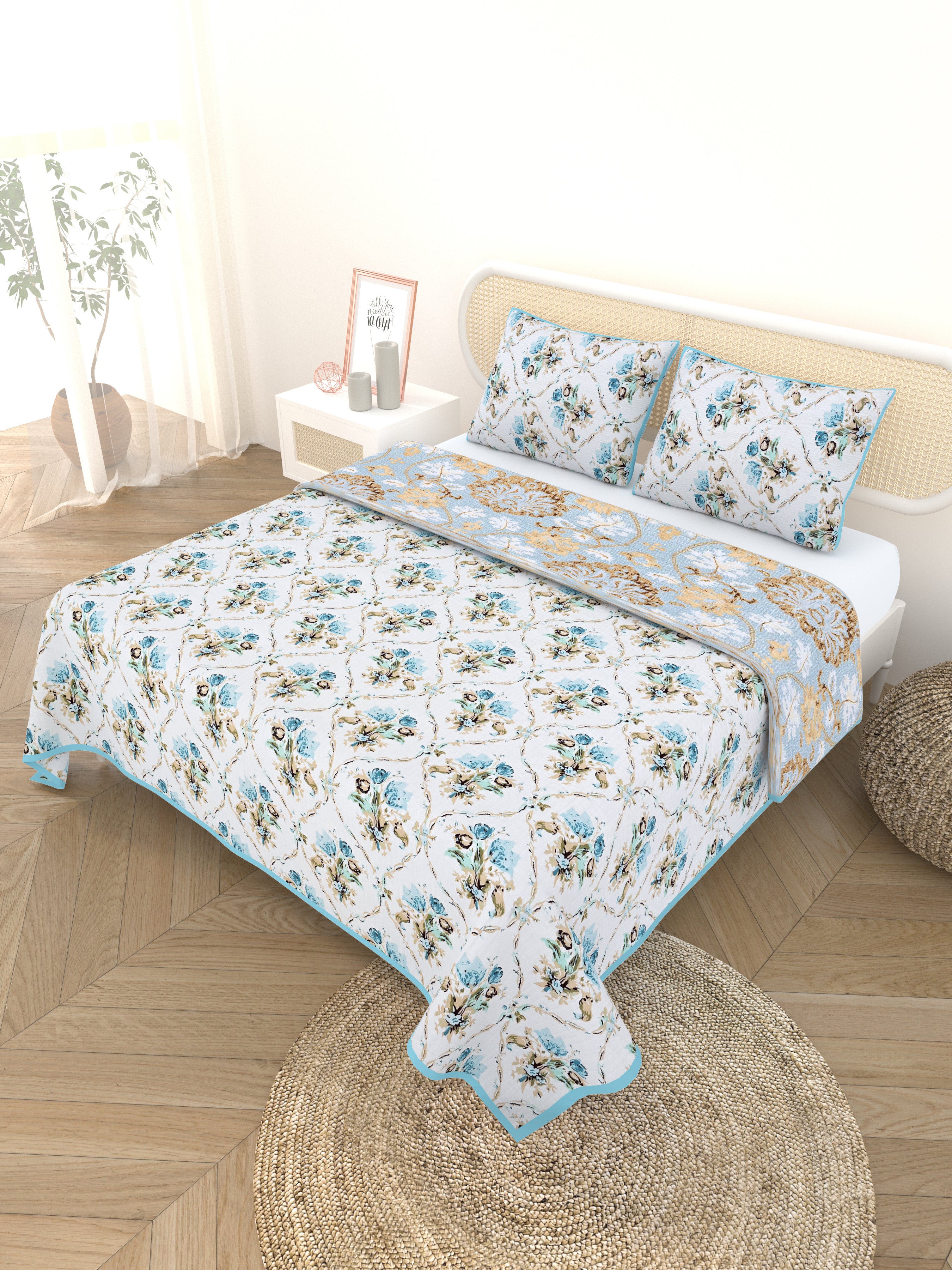 Quilted Floral Printed Reversible Bedcover with 2 Pillow Covers