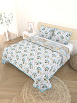 Quilted Floral Printed Reversible Bedcover with 2 Pillow Covers