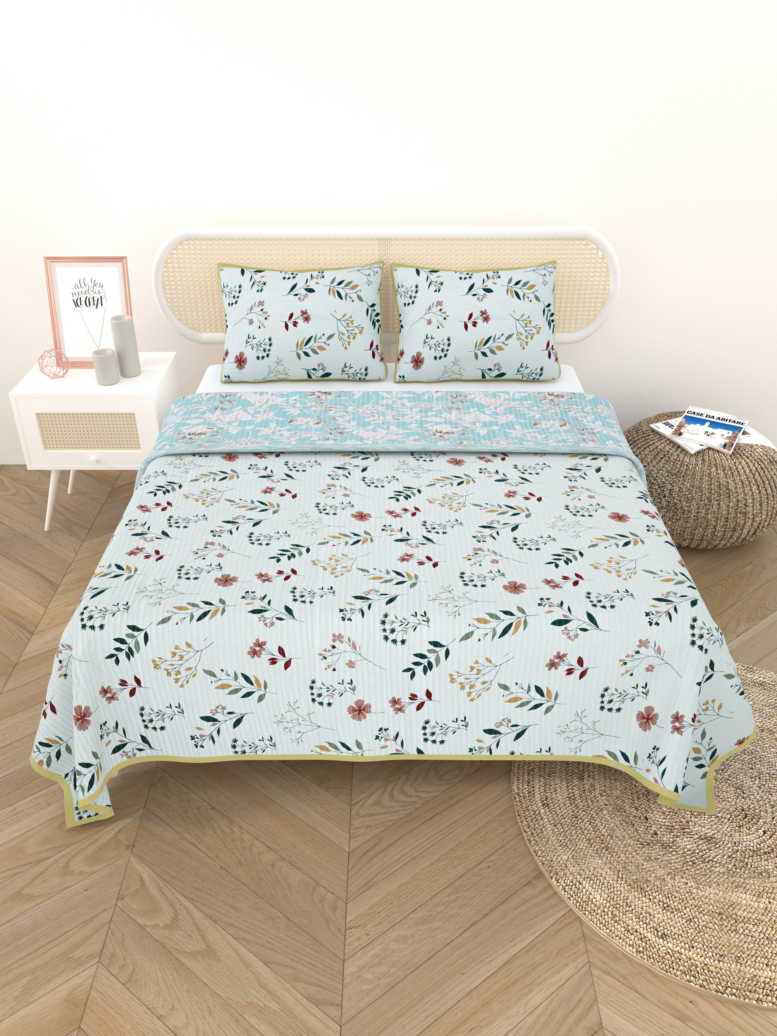 Quilted Floral Printed Reversible Bedcover with 2 Pillow Covers