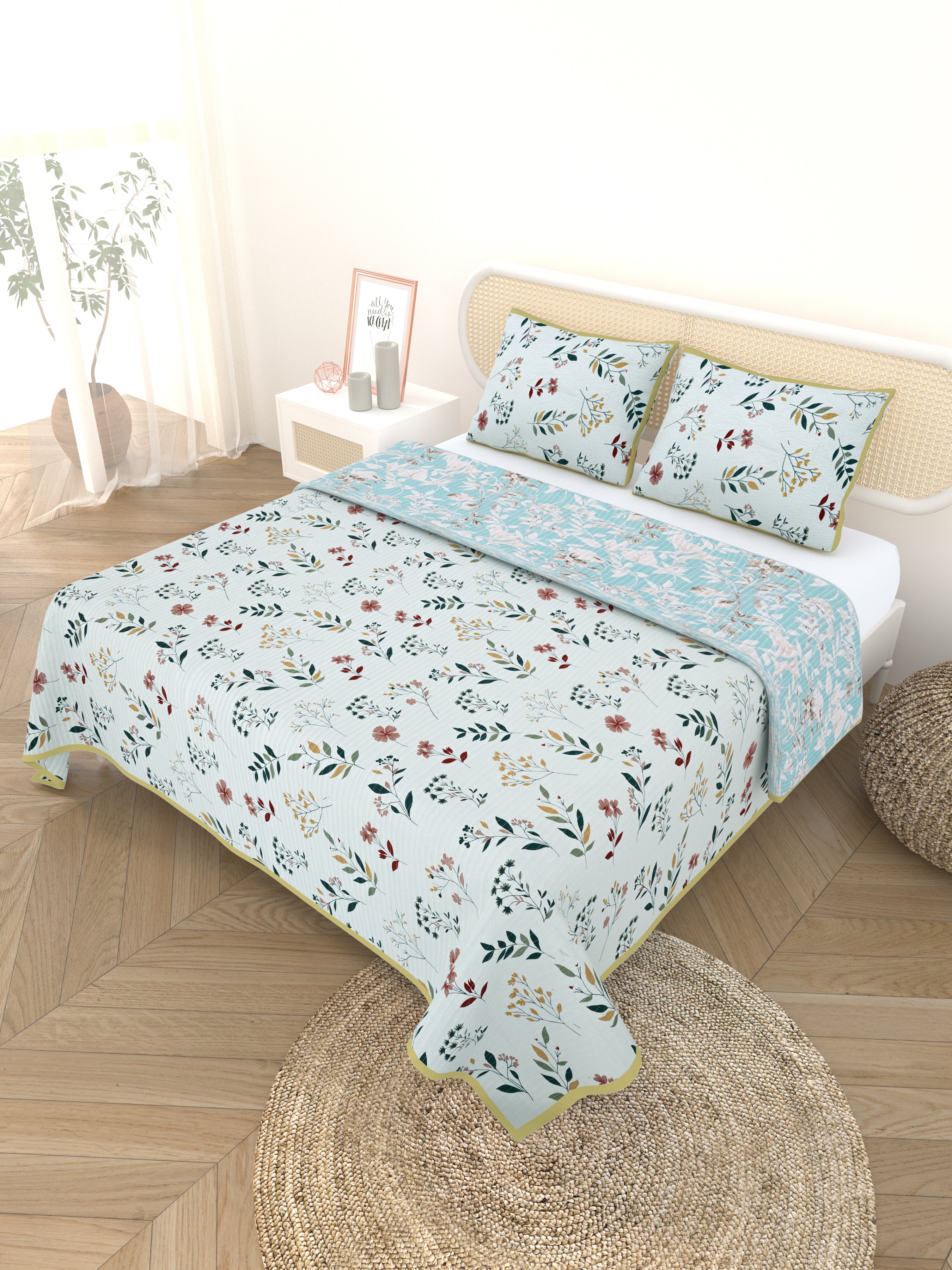 Quilted Floral Printed Reversible Bedcover with 2 Pillow Covers