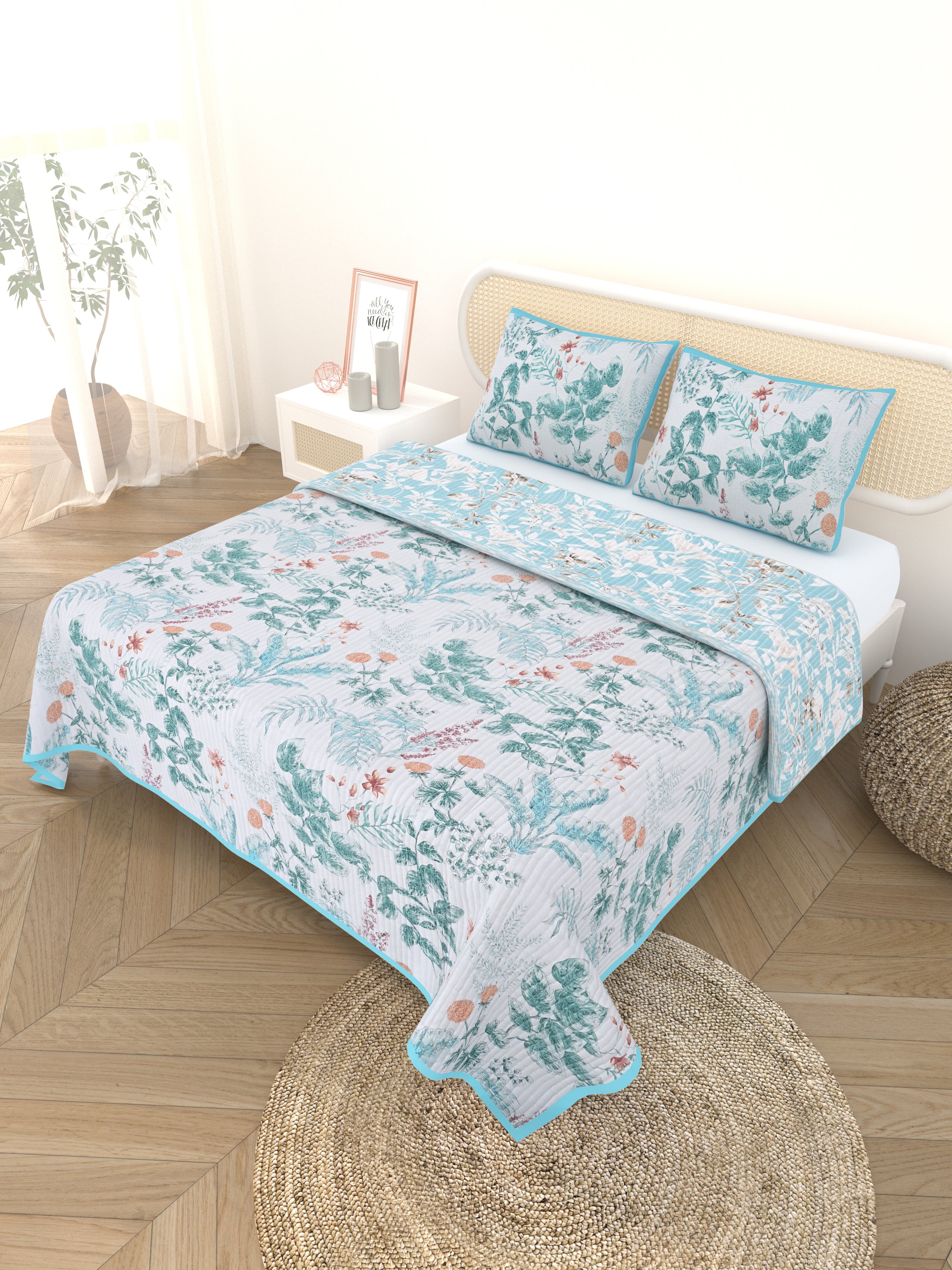 Quilted Floral Printed Reversible Bedcover with 2 Pillow Covers