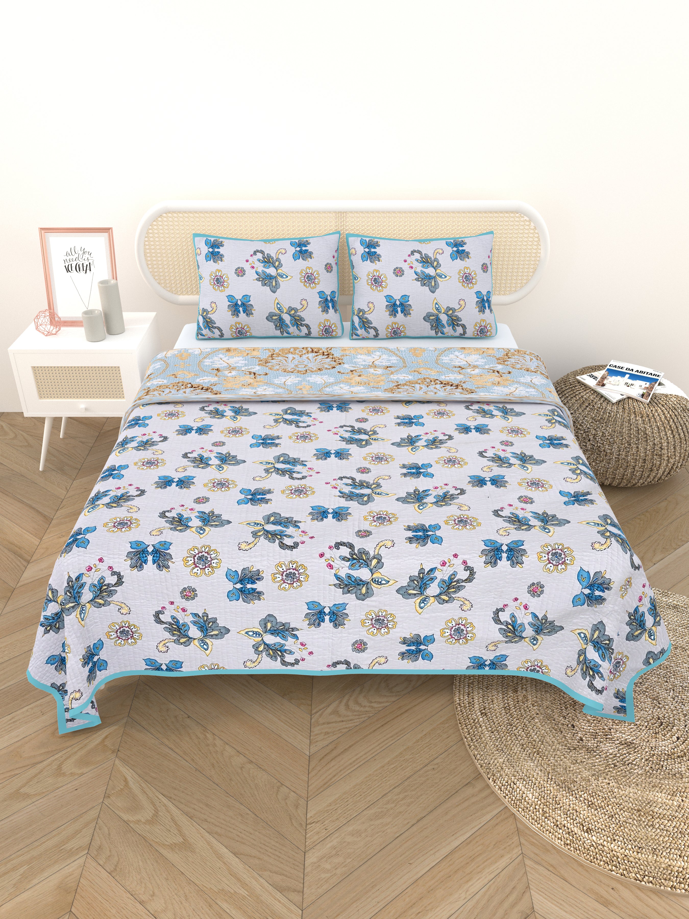 Quilted Floral Printed Reversible Bedcover with 2 Pillow Covers