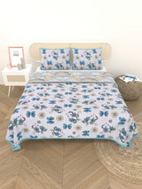 Quilted Floral Printed Reversible Bedcover with 2 Pillow Covers