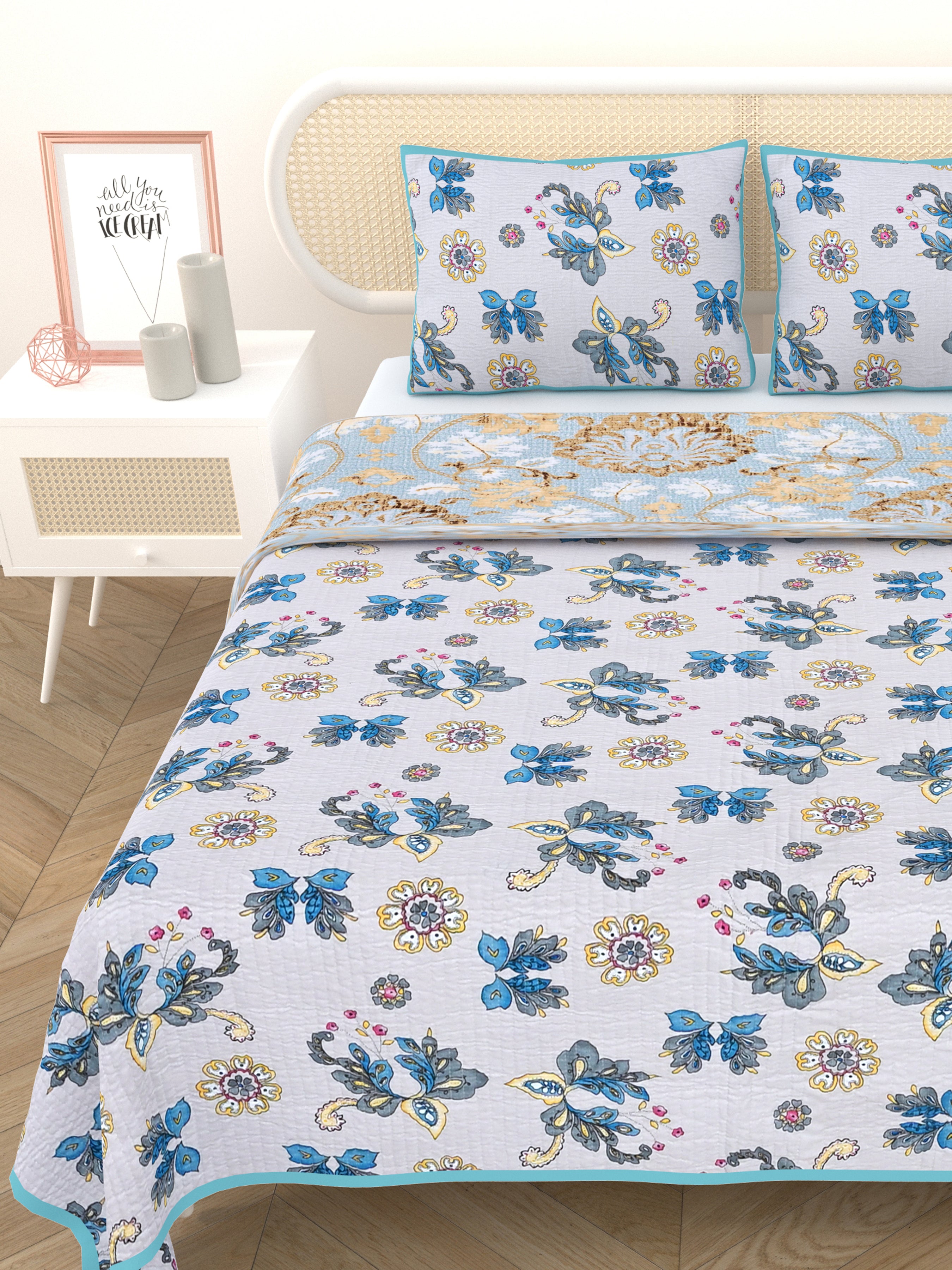 Quilted Floral Printed Reversible Bedcover with 2 Pillow Covers
