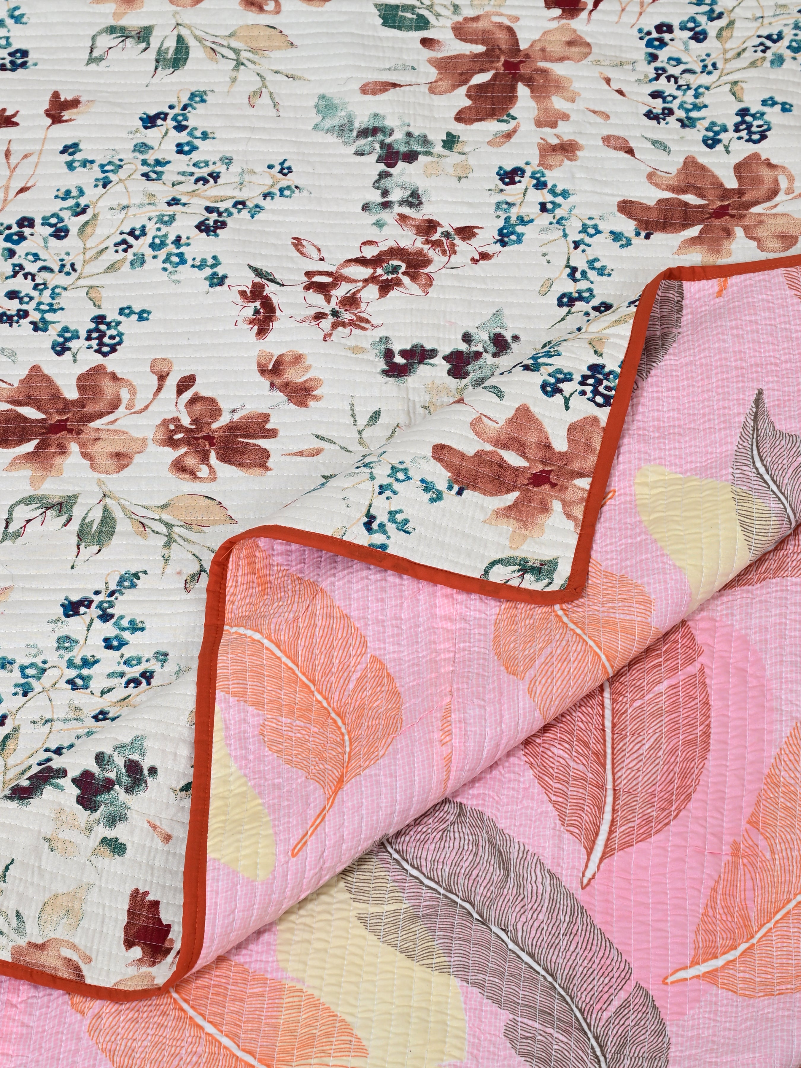 Quilted Floral Printed Reversible Bedcover with 2 Pillow Covers
