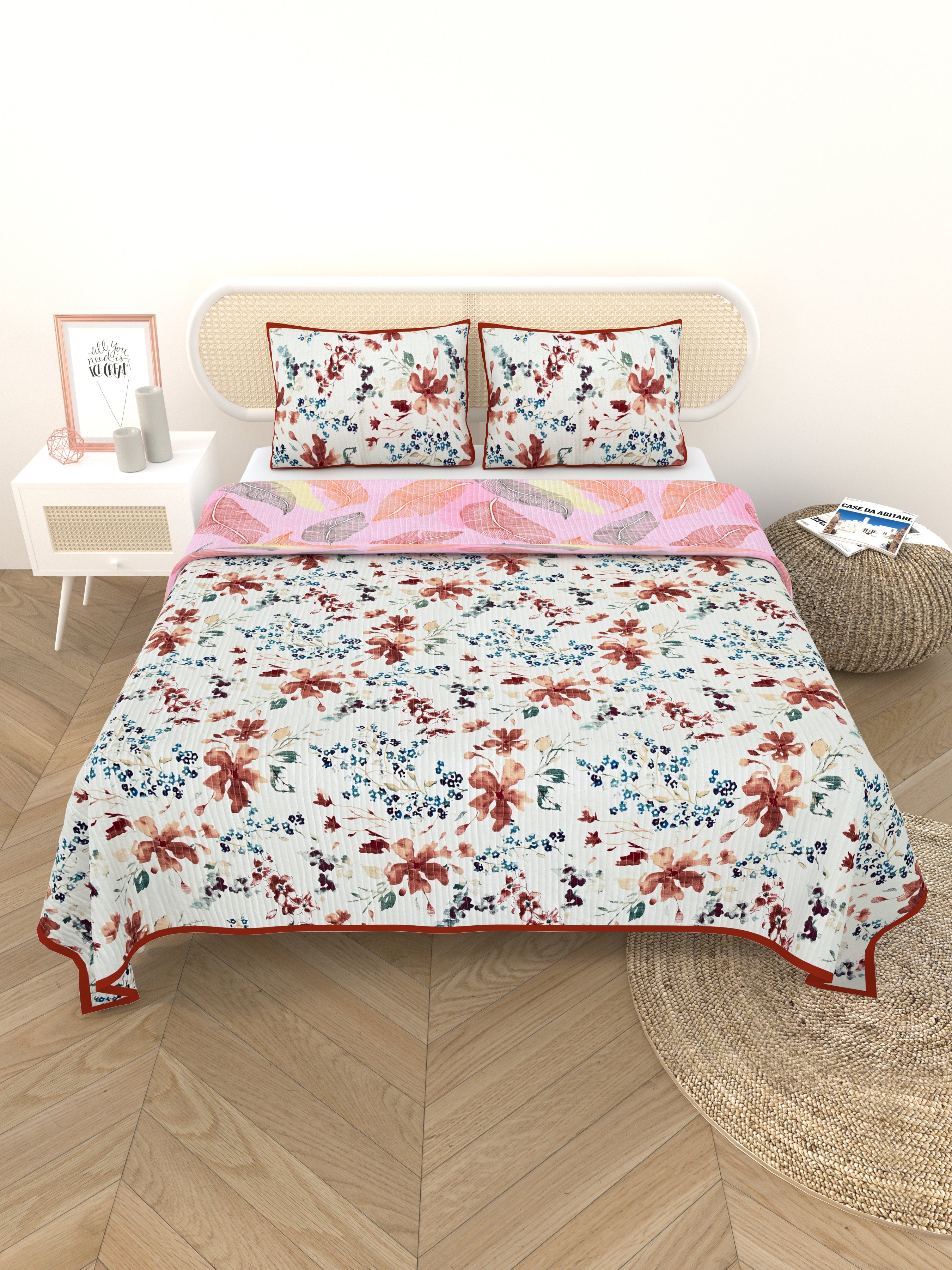 Quilted Floral Printed Reversible Bedcover with 2 Pillow Covers