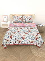 Quilted Floral Printed Reversible Bedcover with 2 Pillow Covers
