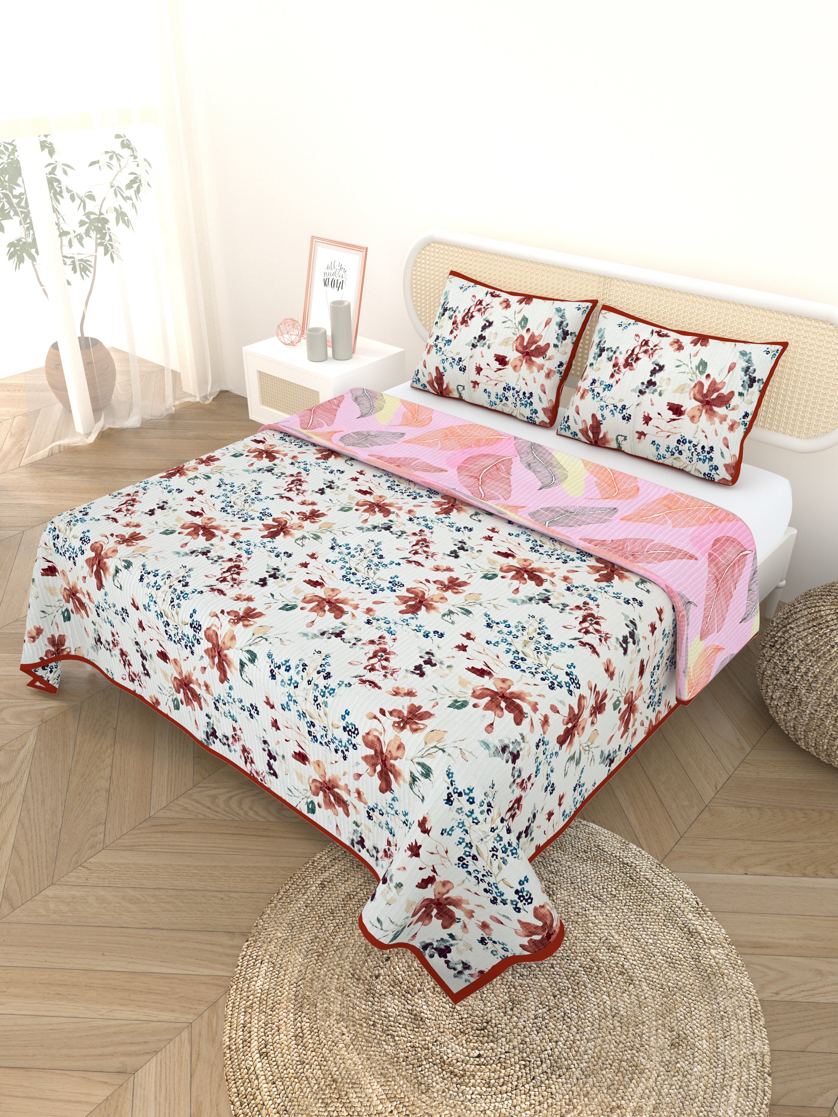 Quilted Floral Printed Reversible Bedcover with 2 Pillow Covers