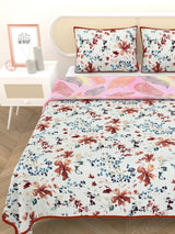 Quilted Floral Printed Reversible Bedcover with 2 Pillow Covers