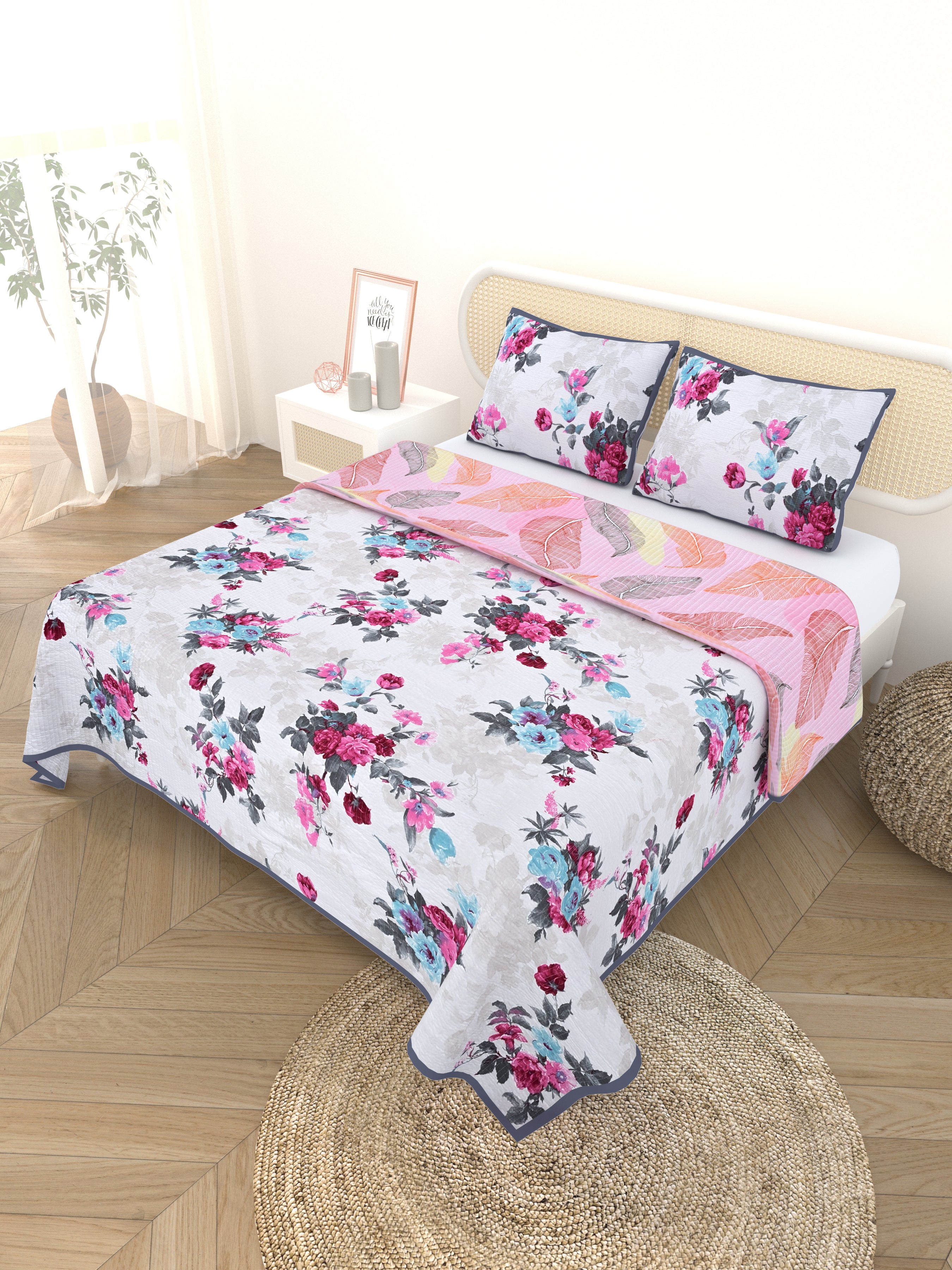 Quilted Floral Printed Reversible Bedcover with 2 Pillow Covers