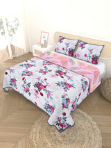 Quilted Floral Printed Reversible Bedcover with 2 Pillow Covers