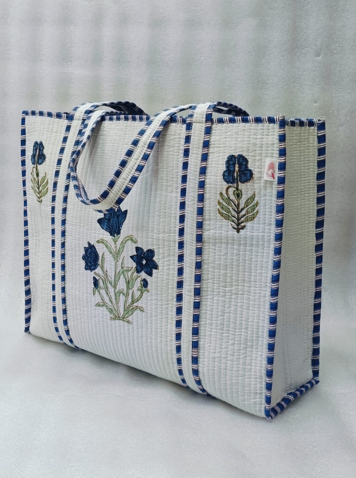 Classic White Block Printed Quilted Tote Bag without zip/button 17x18x 6 inches