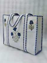 Classic White Block Printed Quilted Tote Bag without zip/button 17x18x 6 inches