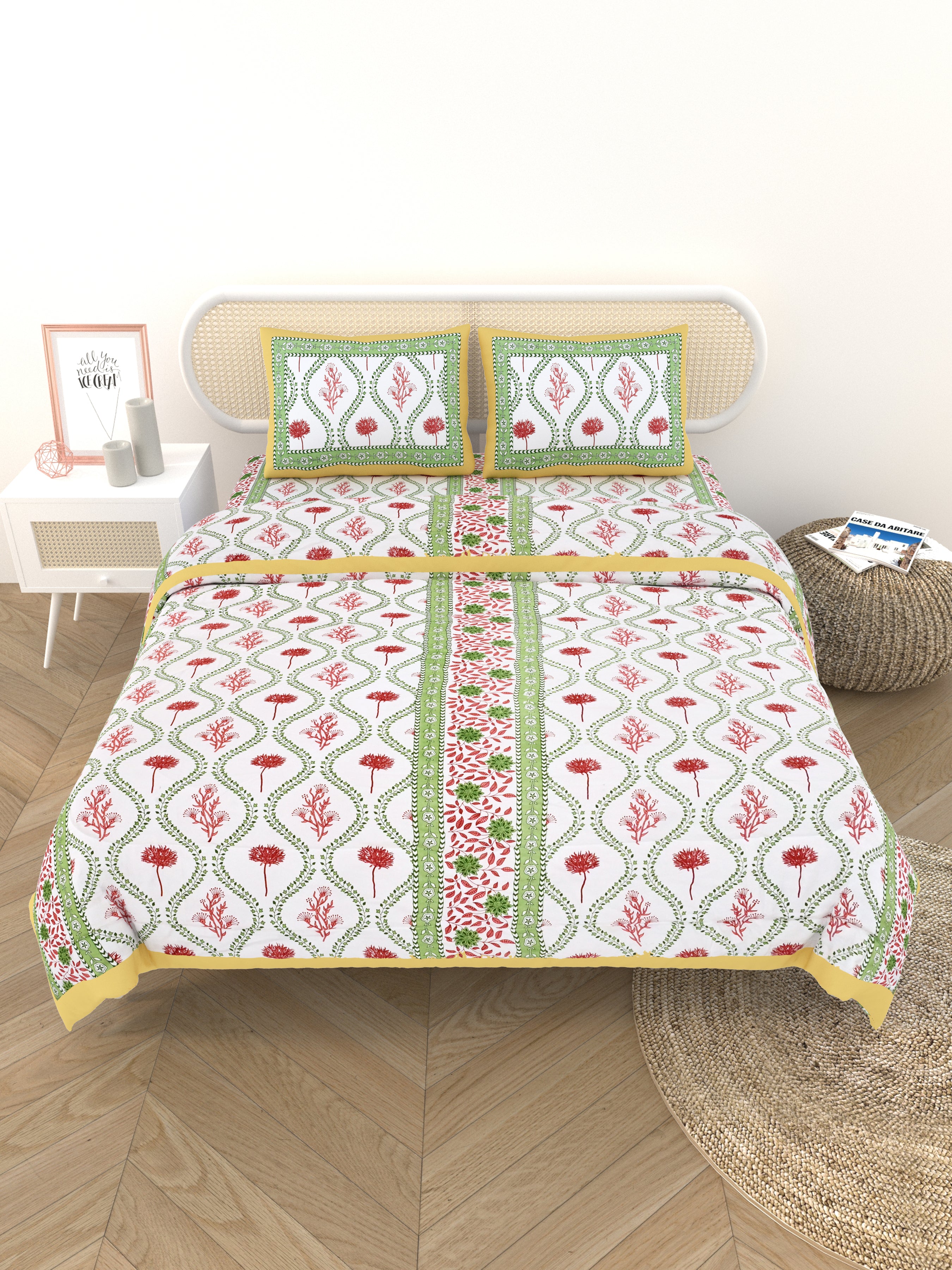 Floral Printed Bedding Set - 1 King Bedsheet, 1 Jaipuri Razai/Quilt, 2 Pillow Covers