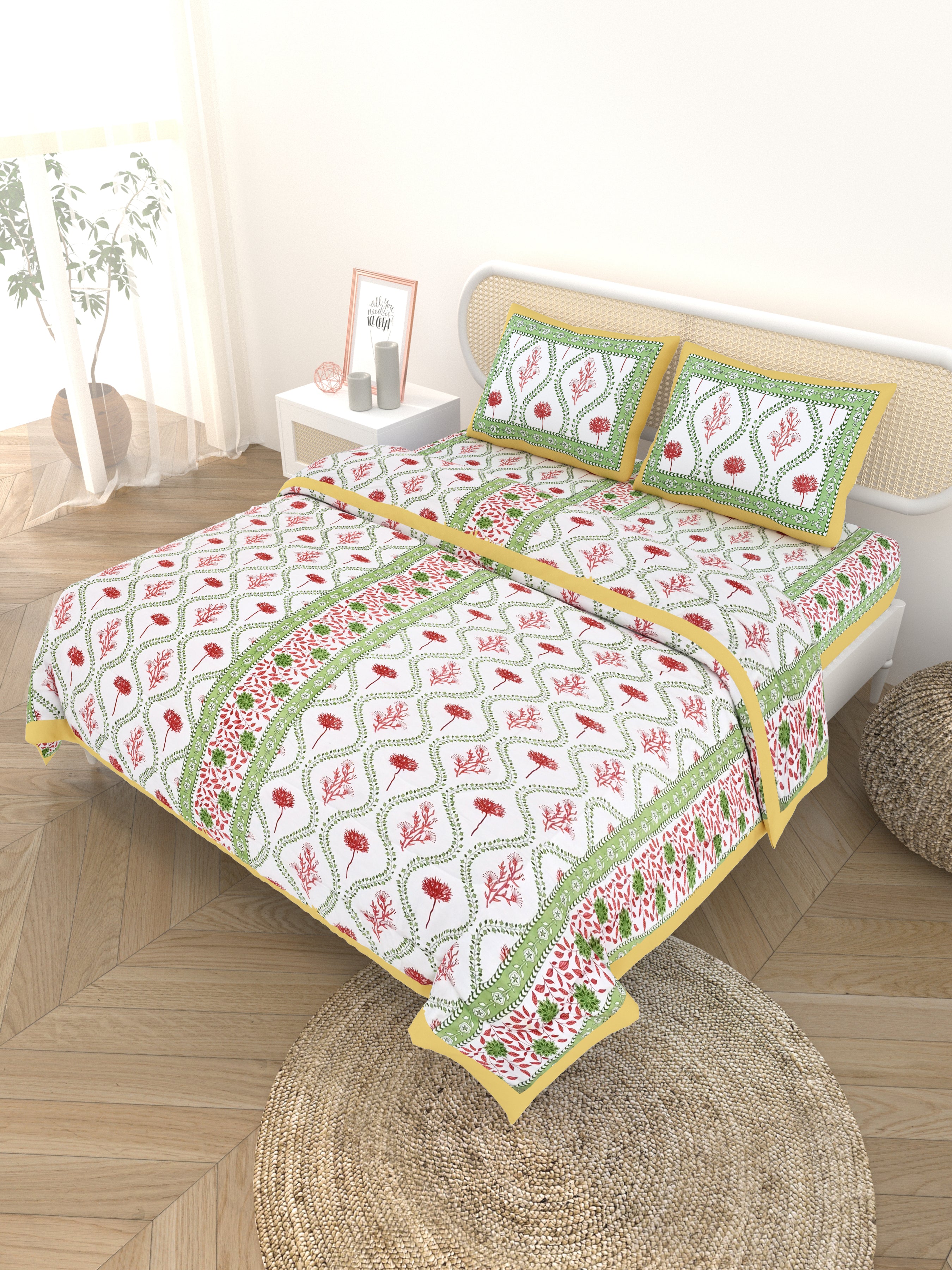 Floral Printed Bedding Set - 1 King Bedsheet, 1 Jaipuri Razai/Quilt, 2 Pillow Covers