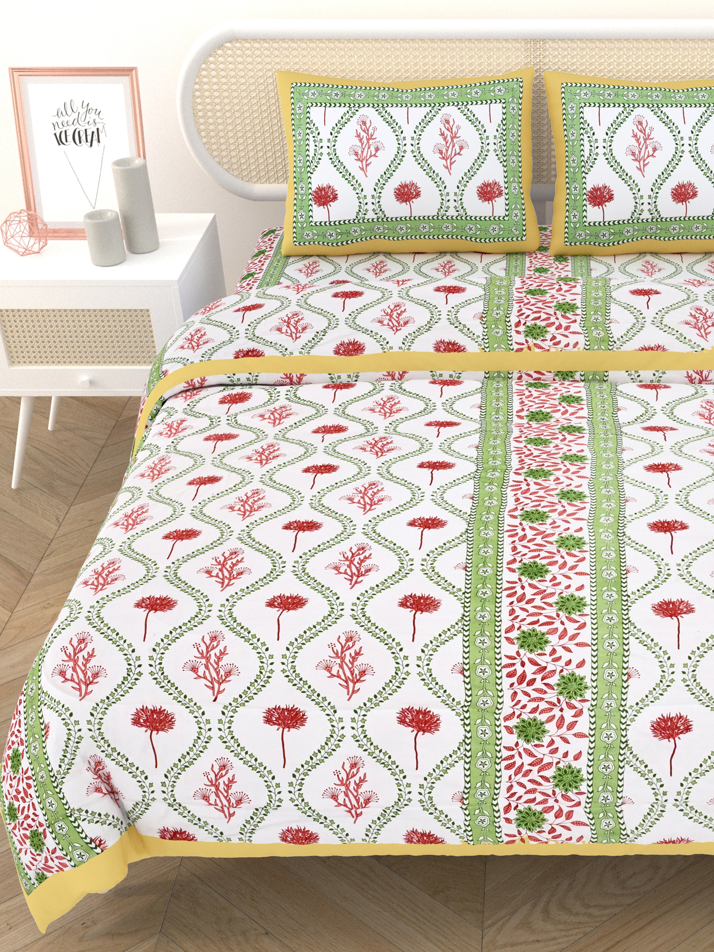 Floral Printed Bedding Set - 1 King Bedsheet, 1 Jaipuri Razai/Quilt, 2 Pillow Covers