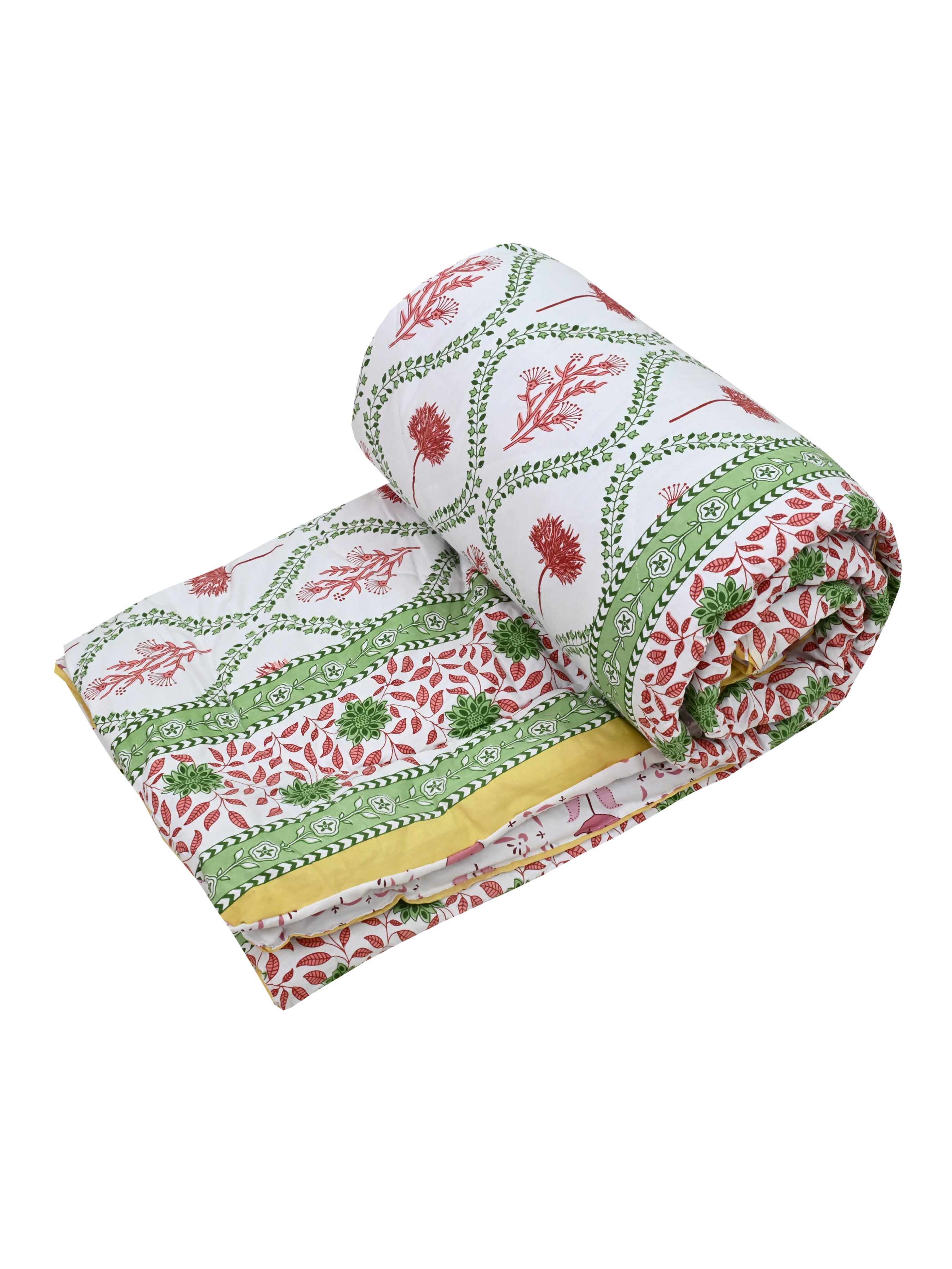 Floral Printed Bedding Set - 1 King Bedsheet, 1 Jaipuri Razai/Quilt, 2 Pillow Covers