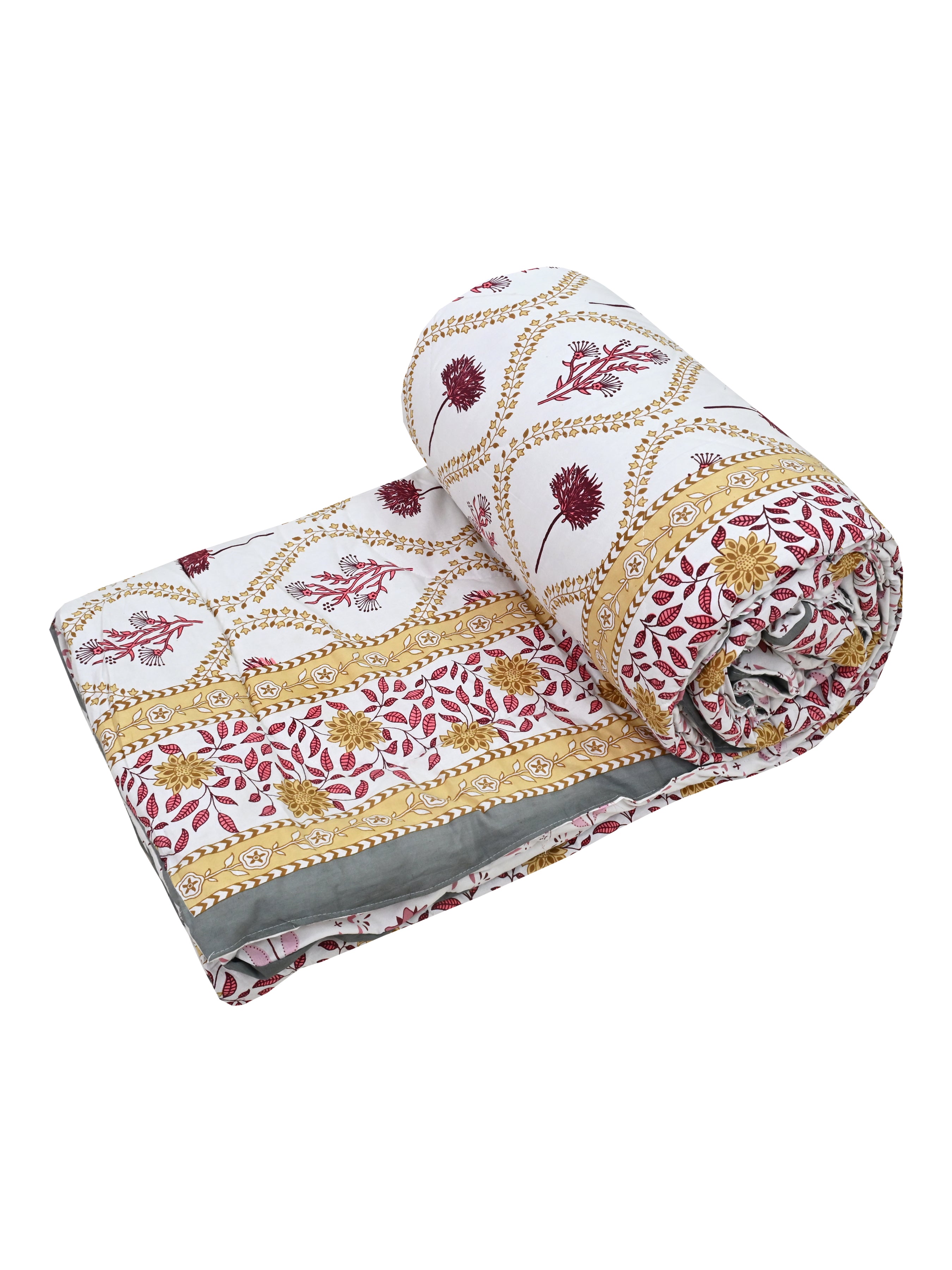 Floral Printed Bedding Set - 1 King Bedsheet, 1 Jaipuri Razai/Quilt, 2 Pillow Covers