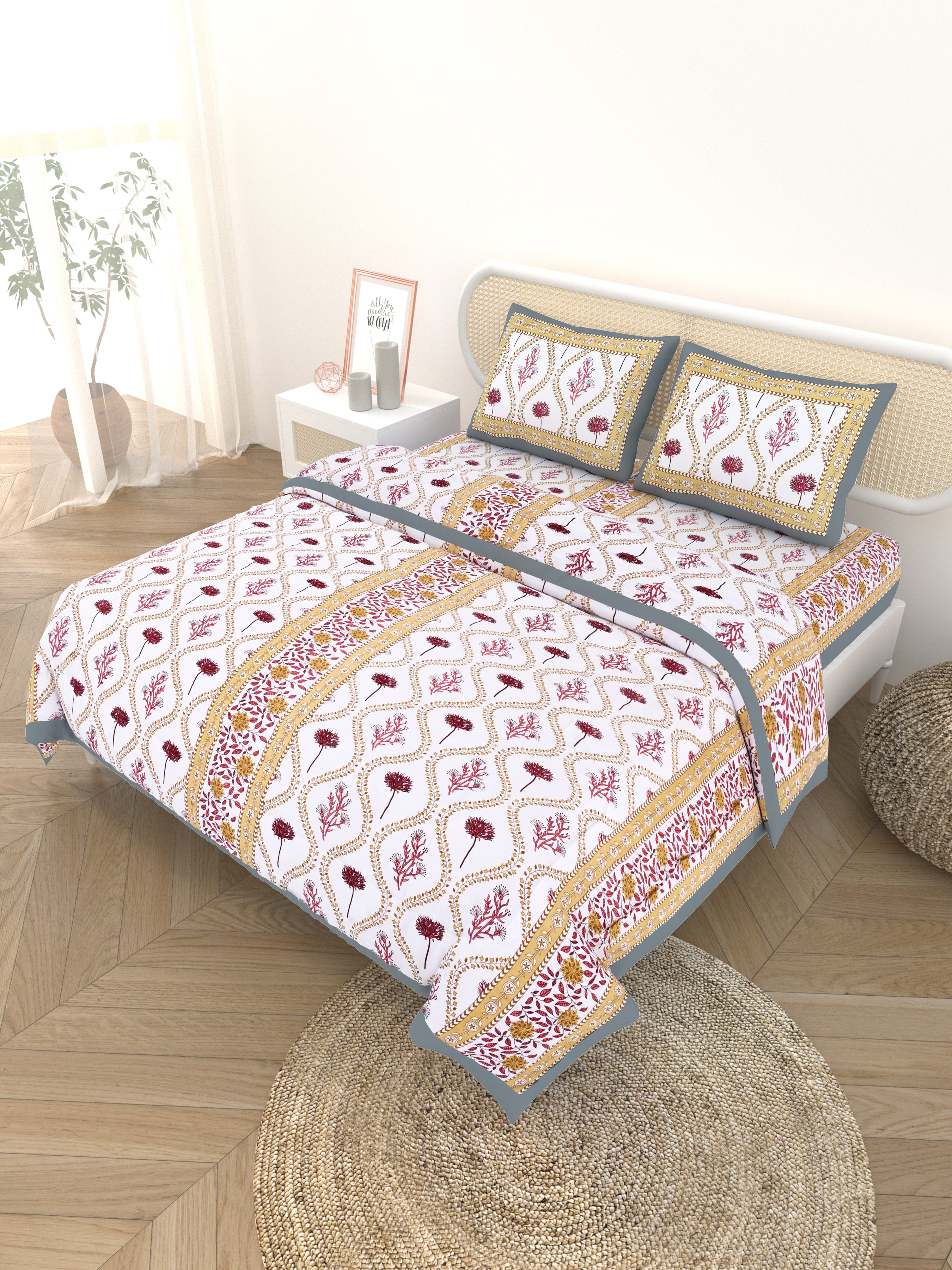 Floral Printed Bedding Set - 1 King Bedsheet, 1 Jaipuri Razai/Quilt, 2 Pillow Covers