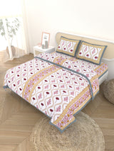 Floral Printed Bedding Set - 1 King Bedsheet, 1 Jaipuri Razai/Quilt, 2 Pillow Covers