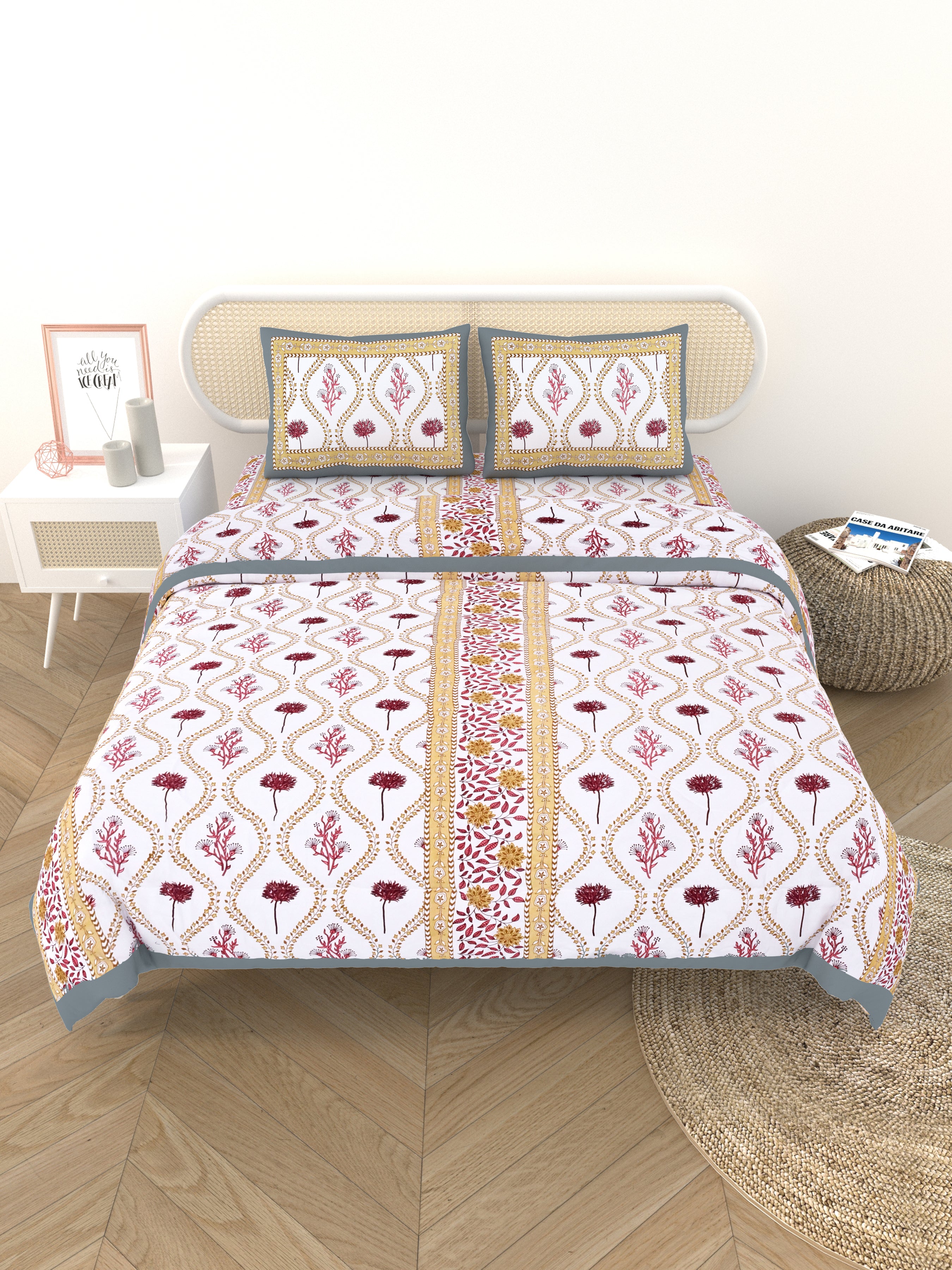 Floral Printed Bedding Set - 1 King Bedsheet, 1 Jaipuri Razai/Quilt, 2 Pillow Covers