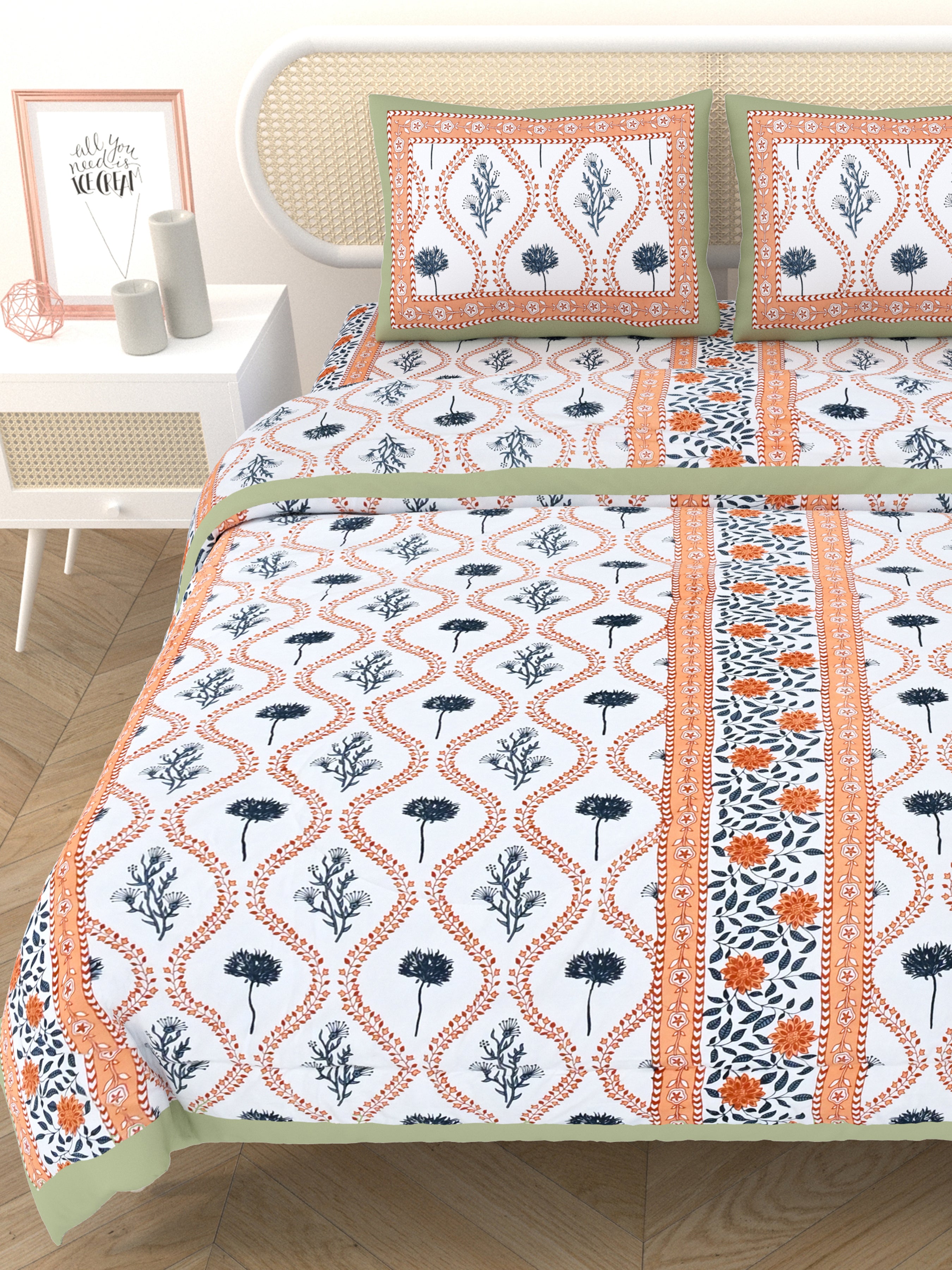 Floral Printed Bedding Set - 1 King Bedsheet, 1 Jaipuri Razai/Quilt, 2 Pillow Covers