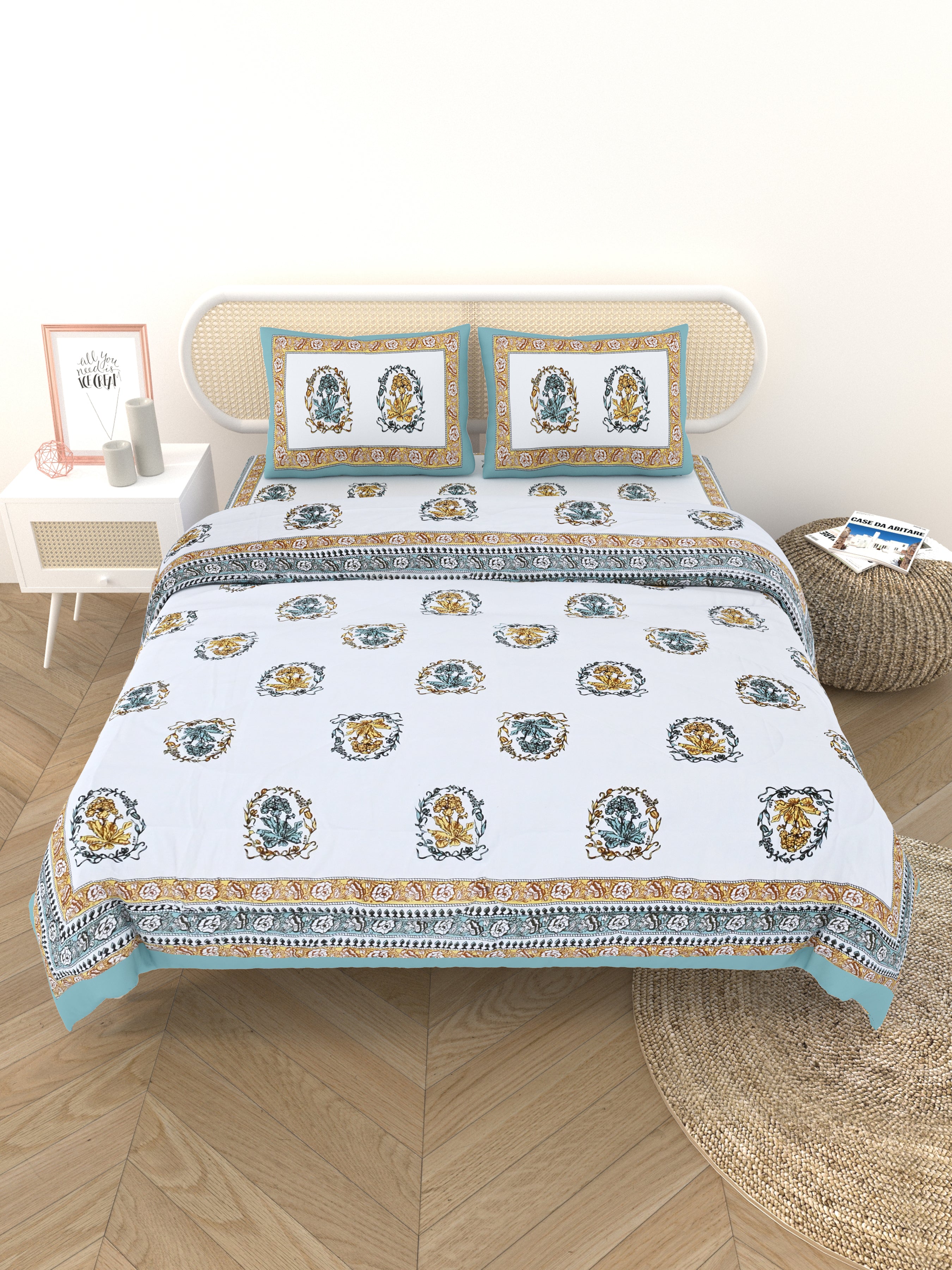 Floral Printed Bedding Set - 1 King Bedsheet, 1 Jaipuri Razai/Quilt, 2 Pillow Covers