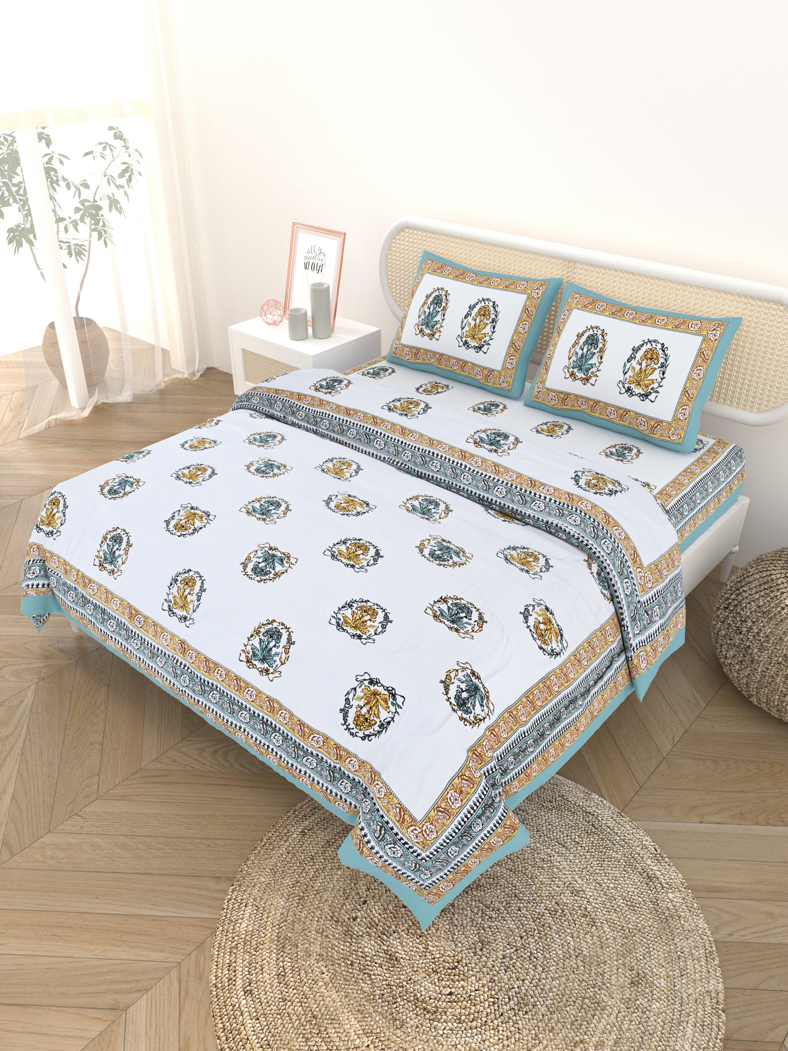 Floral Printed Bedding Set - 1 King Bedsheet, 1 Jaipuri Razai/Quilt, 2 Pillow Covers