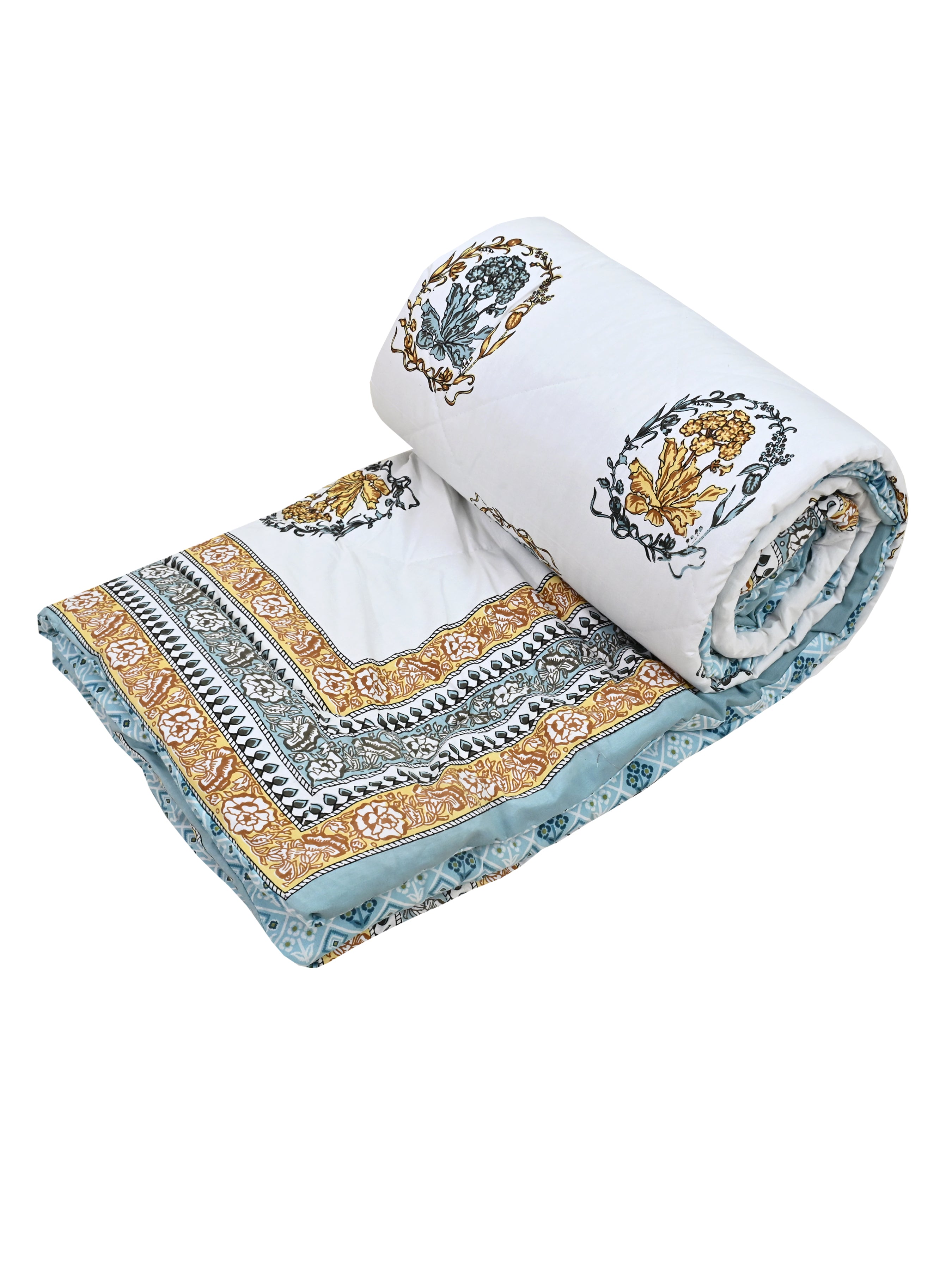 Floral Printed Bedding Set - 1 King Bedsheet, 1 Jaipuri Razai/Quilt, 2 Pillow Covers