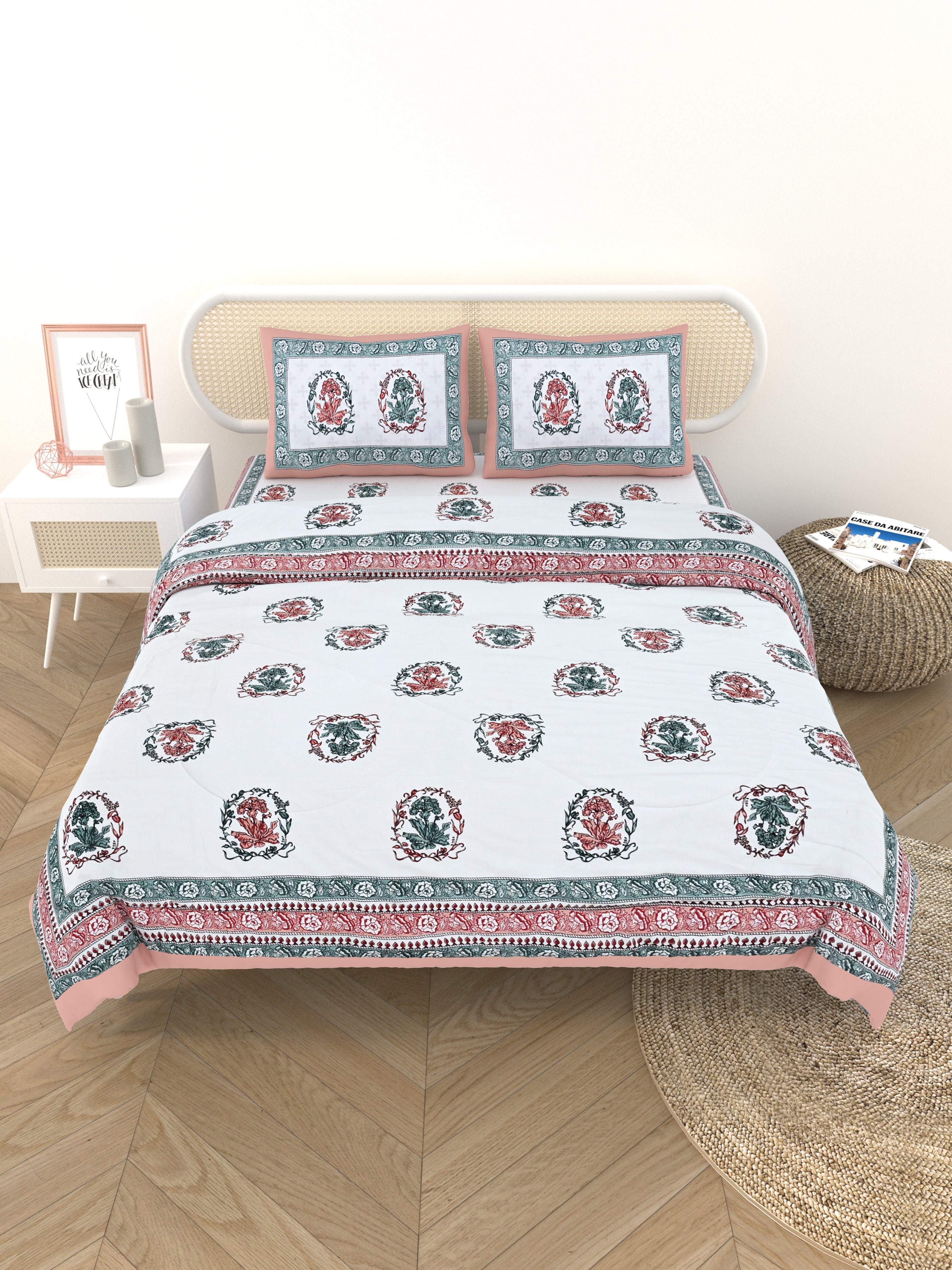 Floral Printed Bedding Set - 1 King Bedsheet, 1 Jaipuri Razai/Quilt, 2 Pillow Covers