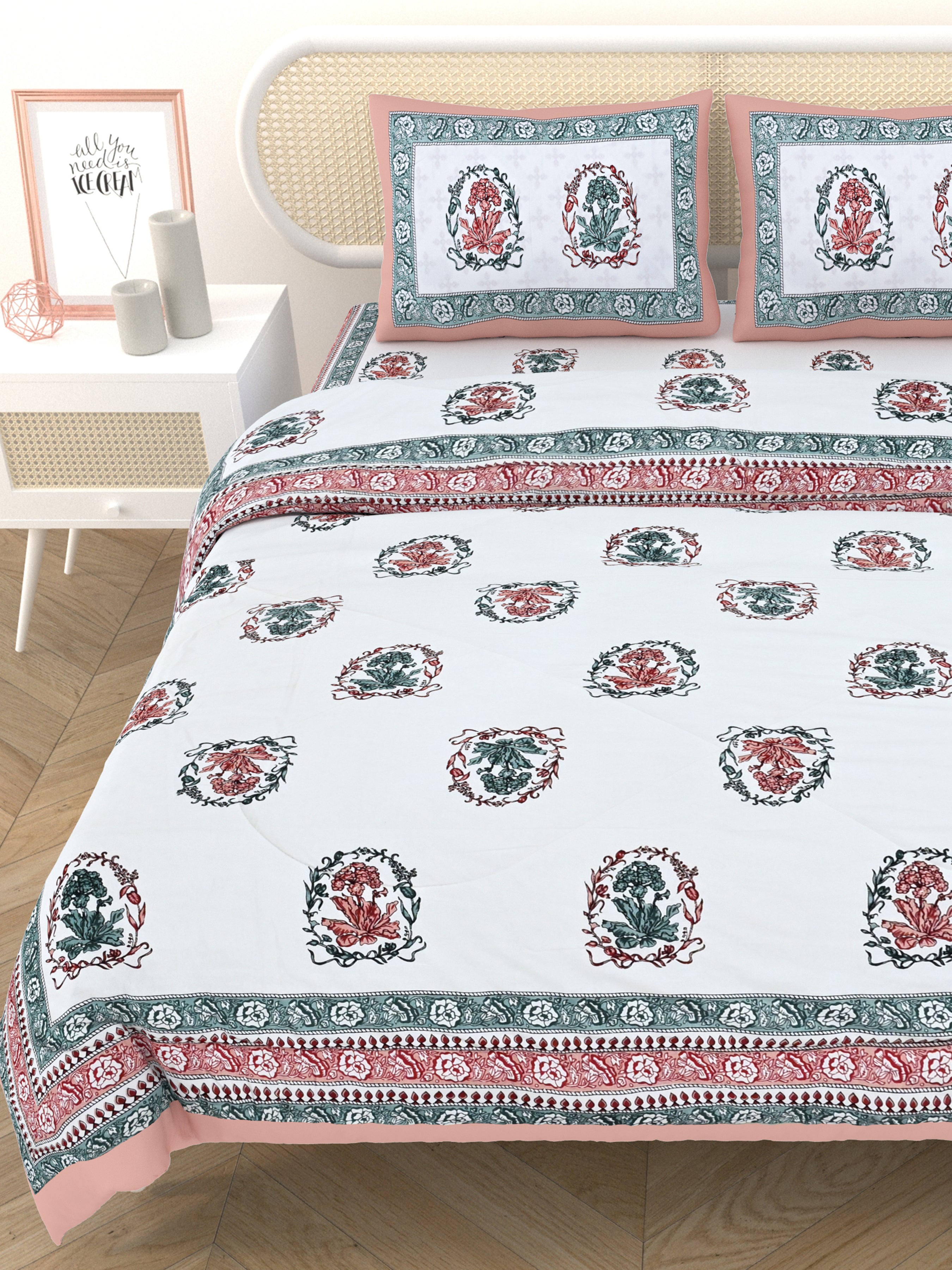 Floral Printed Bedding Set - 1 King Bedsheet, 1 Jaipuri Razai/Quilt, 2 Pillow Covers