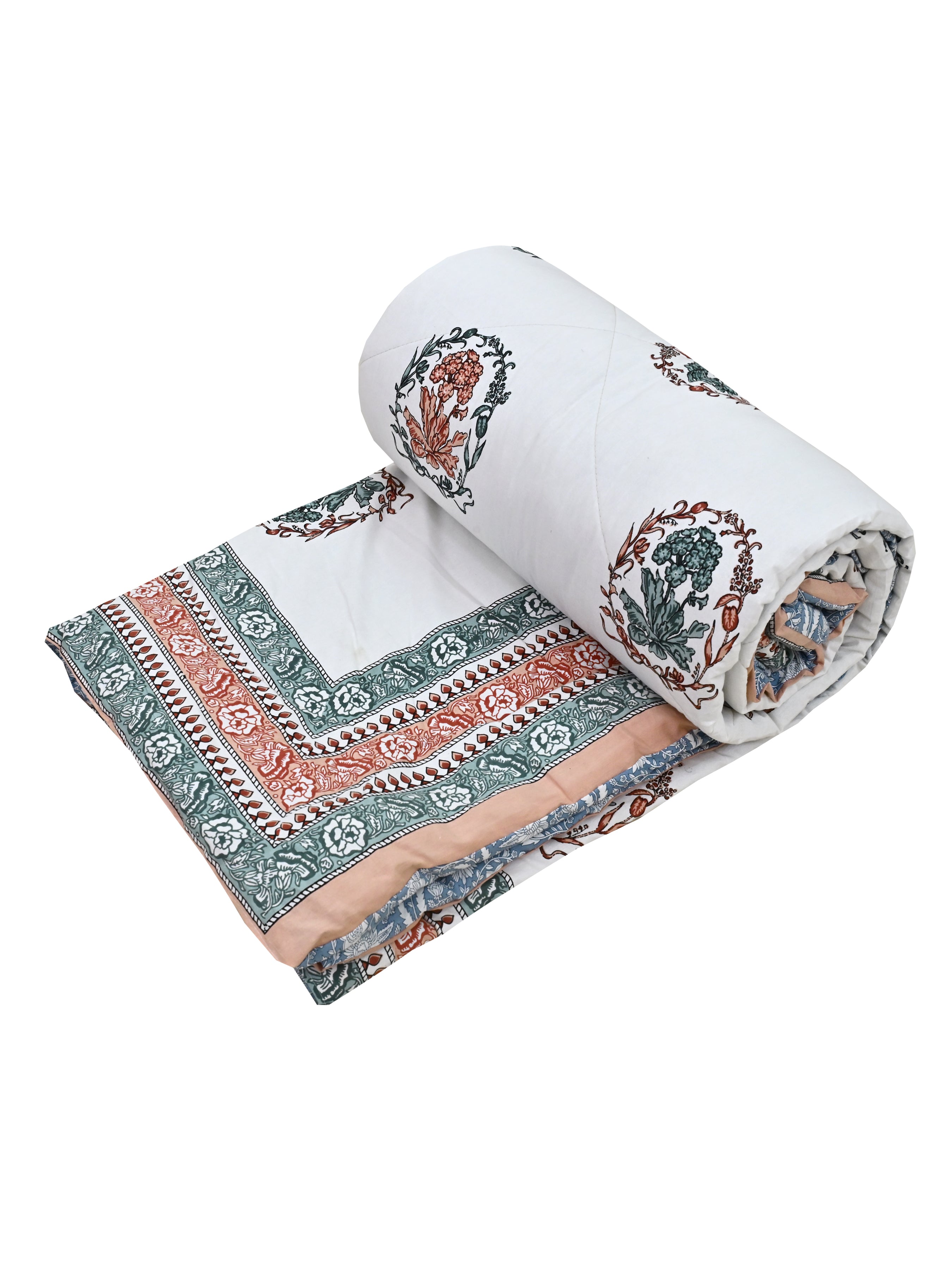 Floral Printed Bedding Set - 1 King Bedsheet, 1 Jaipuri Razai/Quilt, 2 Pillow Covers