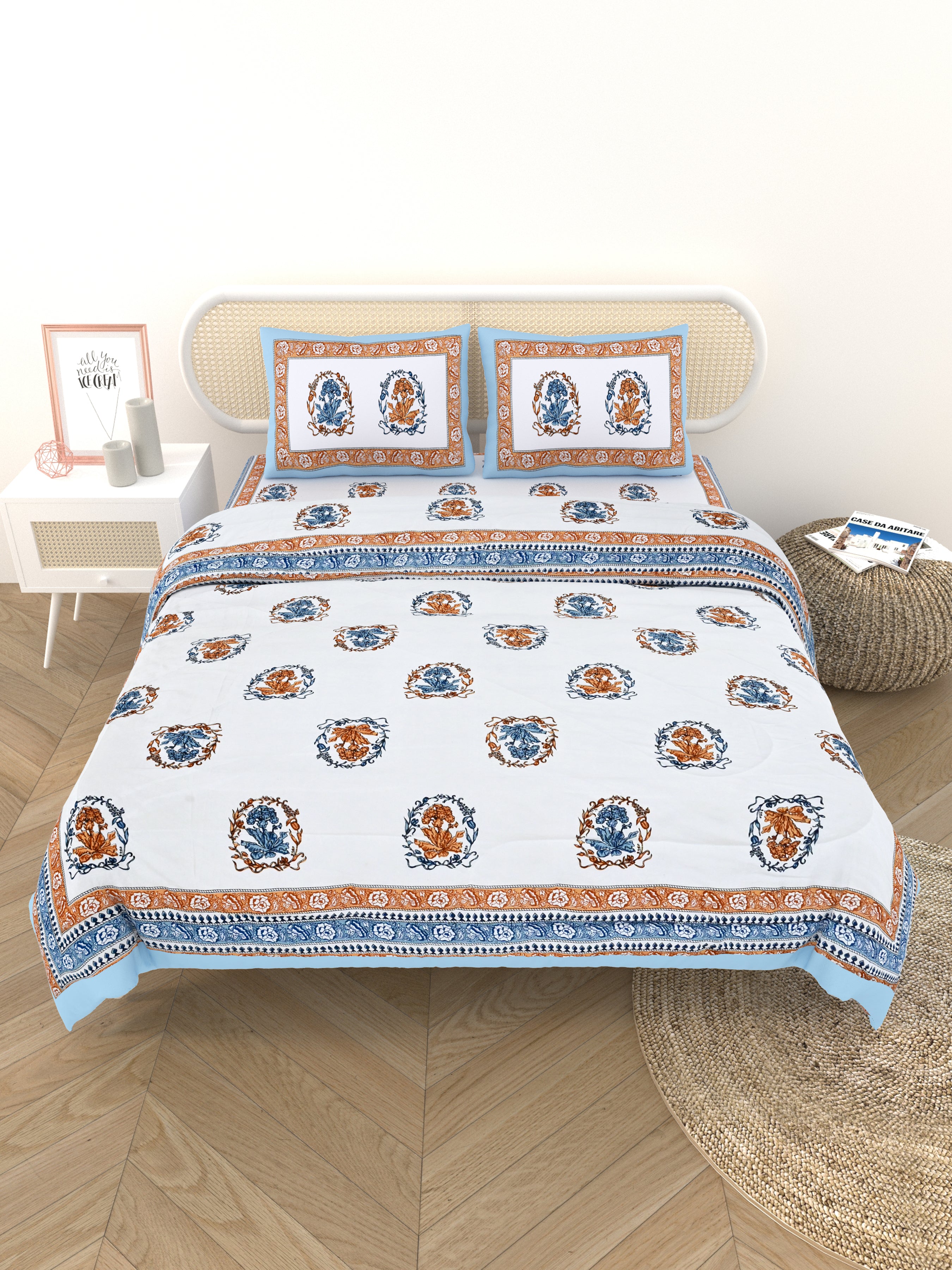 Floral Printed Bedding Set - 1 King Bedsheet, 1 Jaipuri Razai/Quilt, 2 Pillow Covers