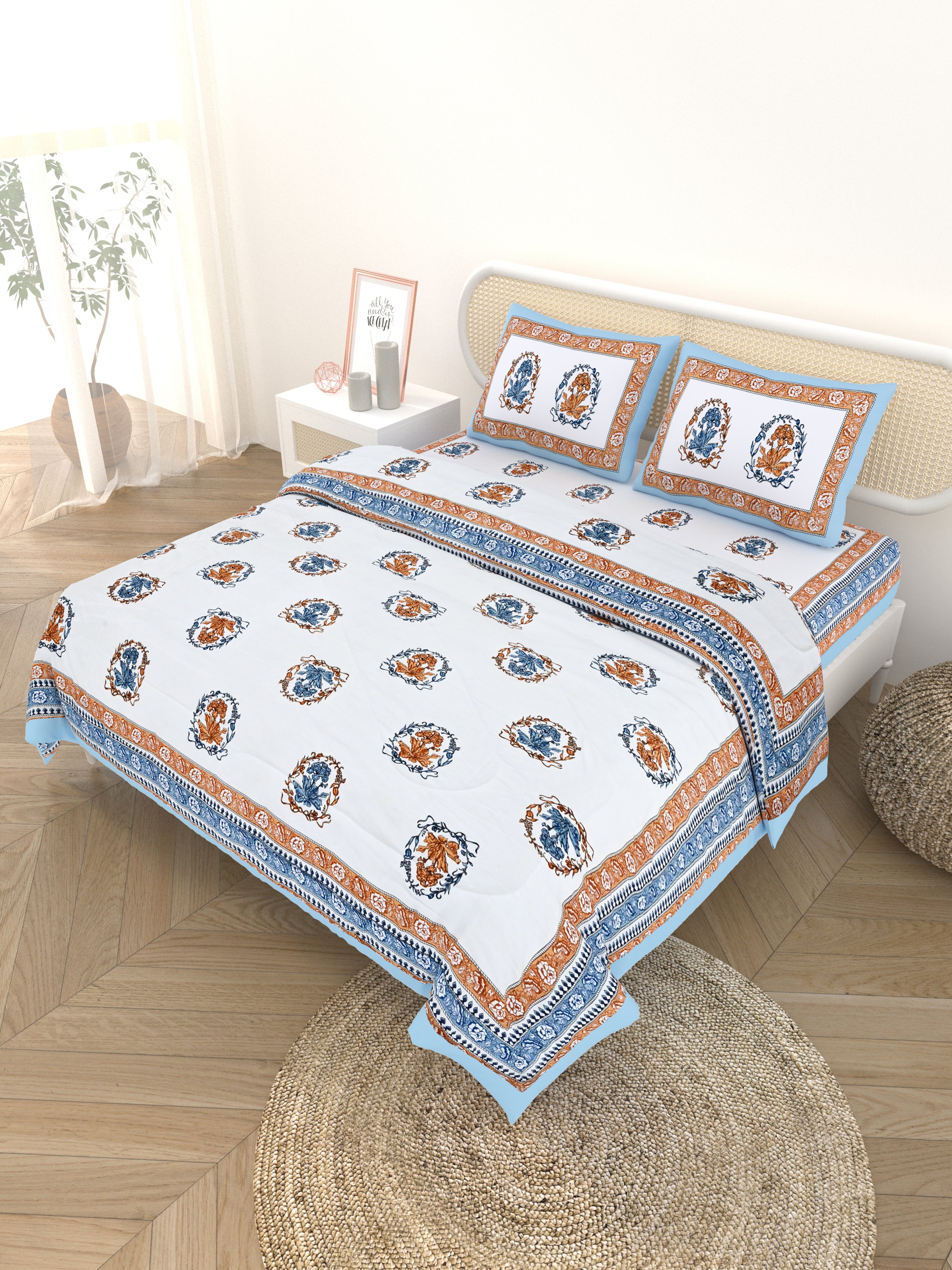 Floral Printed Bedding Set - 1 King Bedsheet, 1 Jaipuri Razai/Quilt, 2 Pillow Covers
