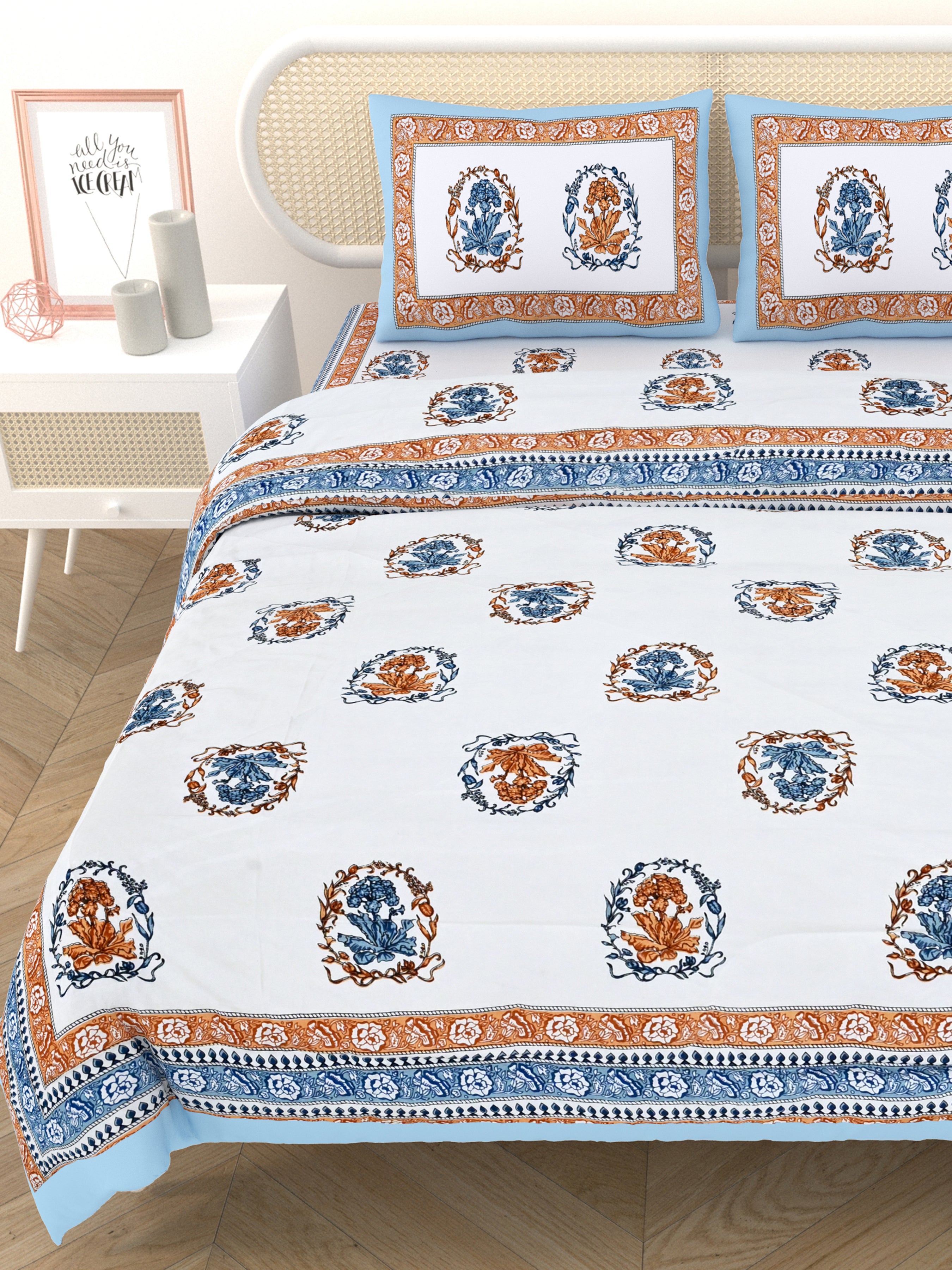 Floral Printed Bedding Set - 1 King Bedsheet, 1 Jaipuri Razai/Quilt, 2 Pillow Covers