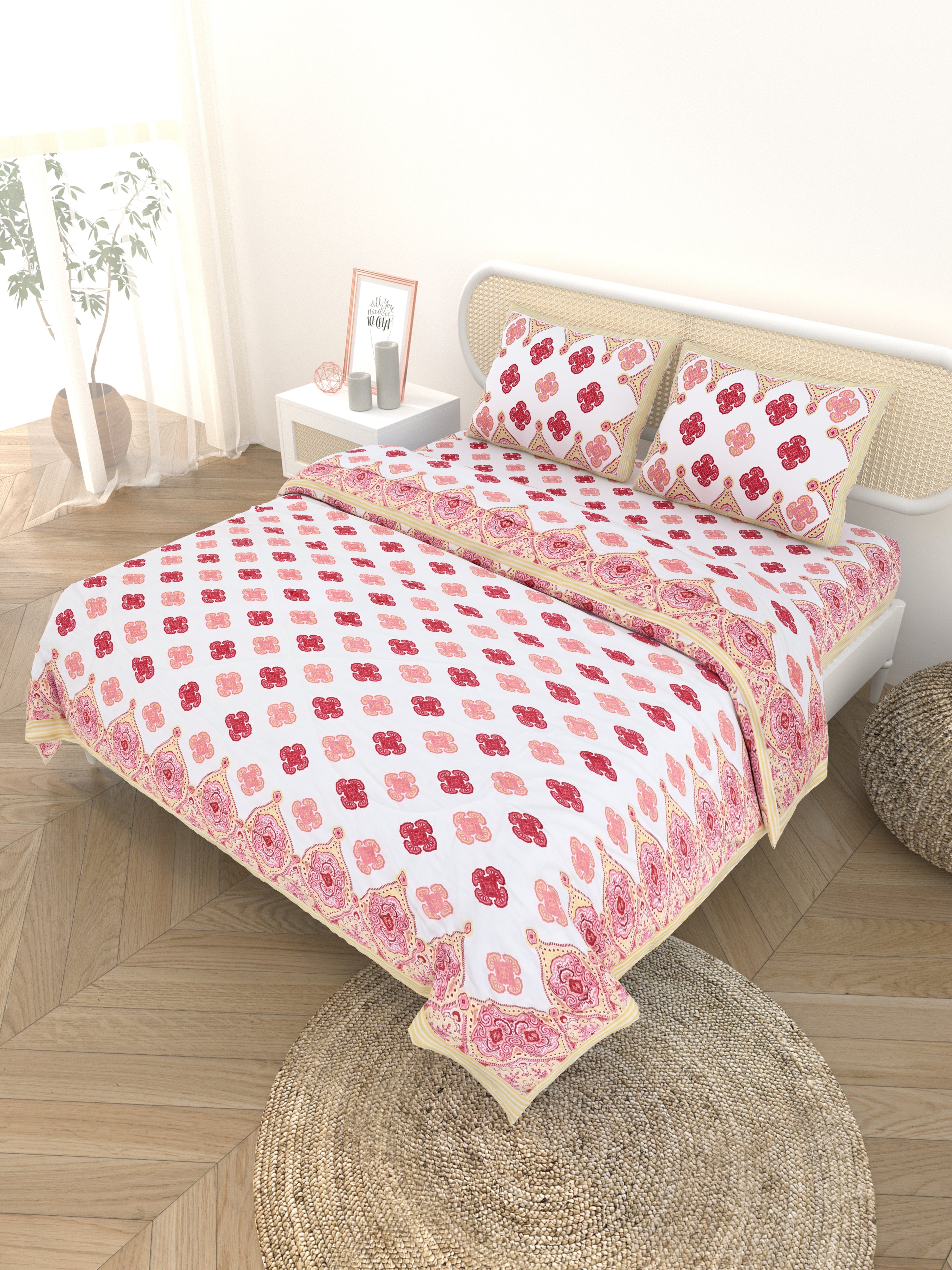 Floral Printed Bedding Set - 1 King Bedsheet, 1 Jaipuri Razai/Quilt, 2 Pillow Covers